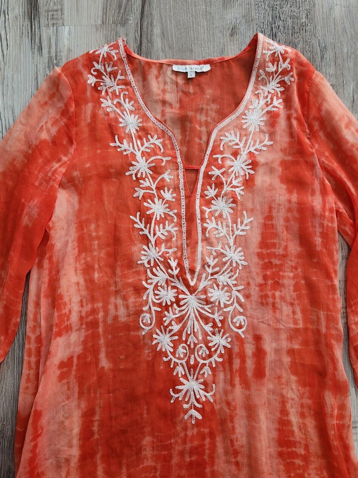 Designer Blue Island Beach Cover Up Large Orange Boho Embroidered V Size ONE SIZE - 4 Thumbnail