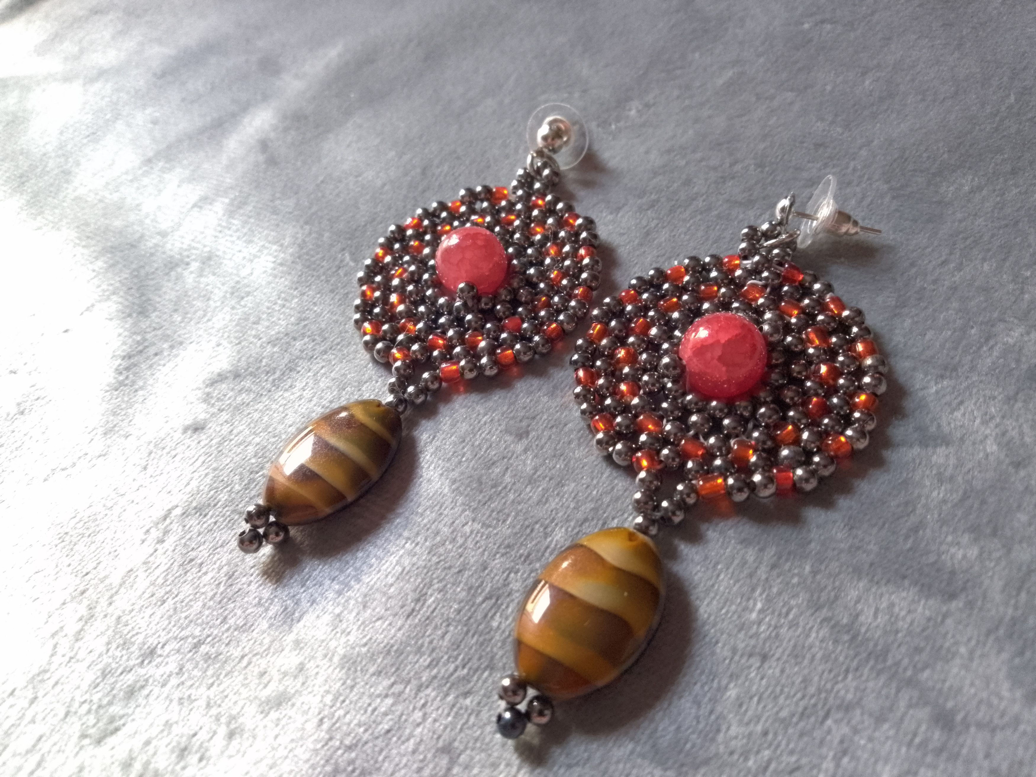 Handmade Earrings Vintage brass Long Red agate+eye of tiger gemstones Size ONE SIZE - 5 Thumbnail
