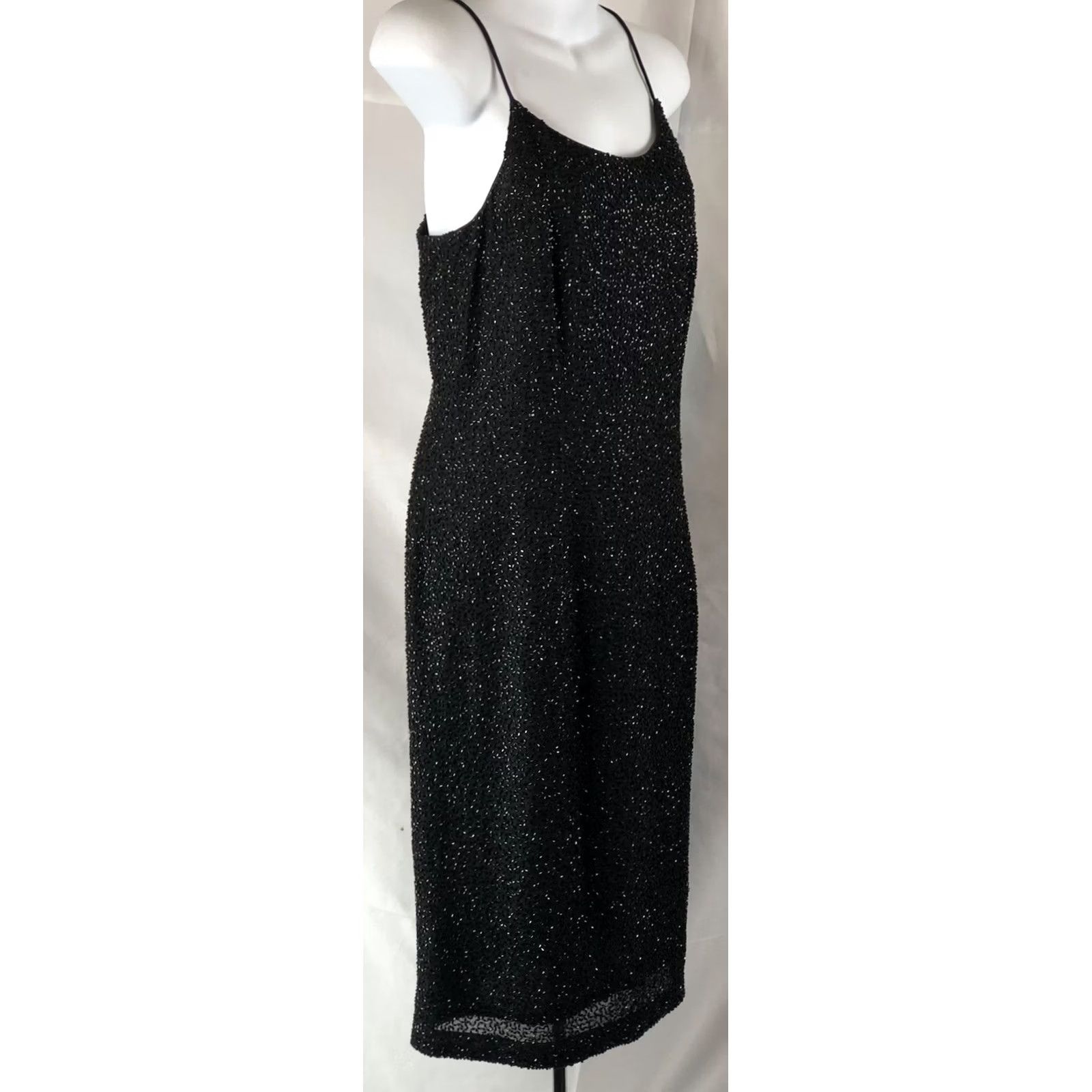 Vintage Marina Bresler Cocktail Dress Slit Beaded Spaghetti Straps Black M Knee Length Formal Prom Party/Cocktail Women's Size M / US 6-8 / IT 42-44 - 4 Thumbnail