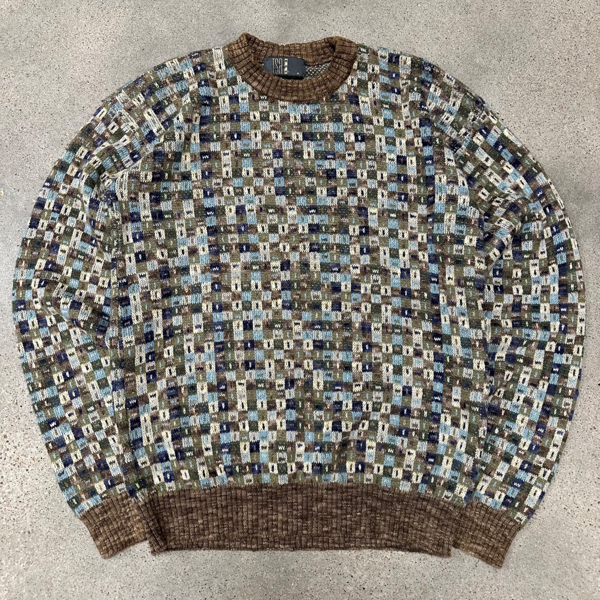 Vintage Vintage Unique Patterned Knit Sweater Blue/Olive/Brown Size US M / EU 48-50 / 2 - 1 Thumbnail