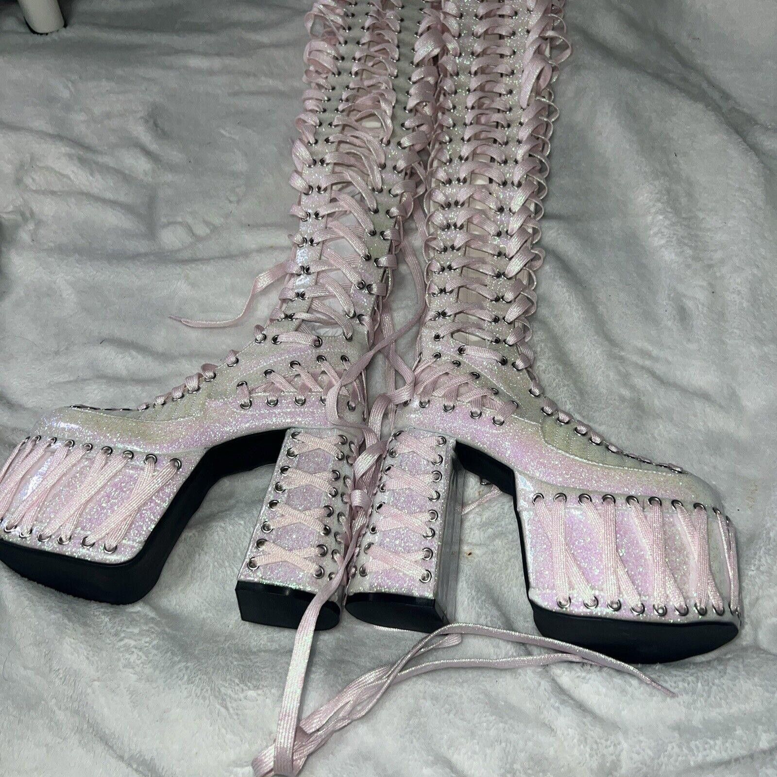 Designer Sz 6 Rude Awakening Lace Up Thigh High Glitter Boots Size US 6 / IT 36 - 2 Thumbnail