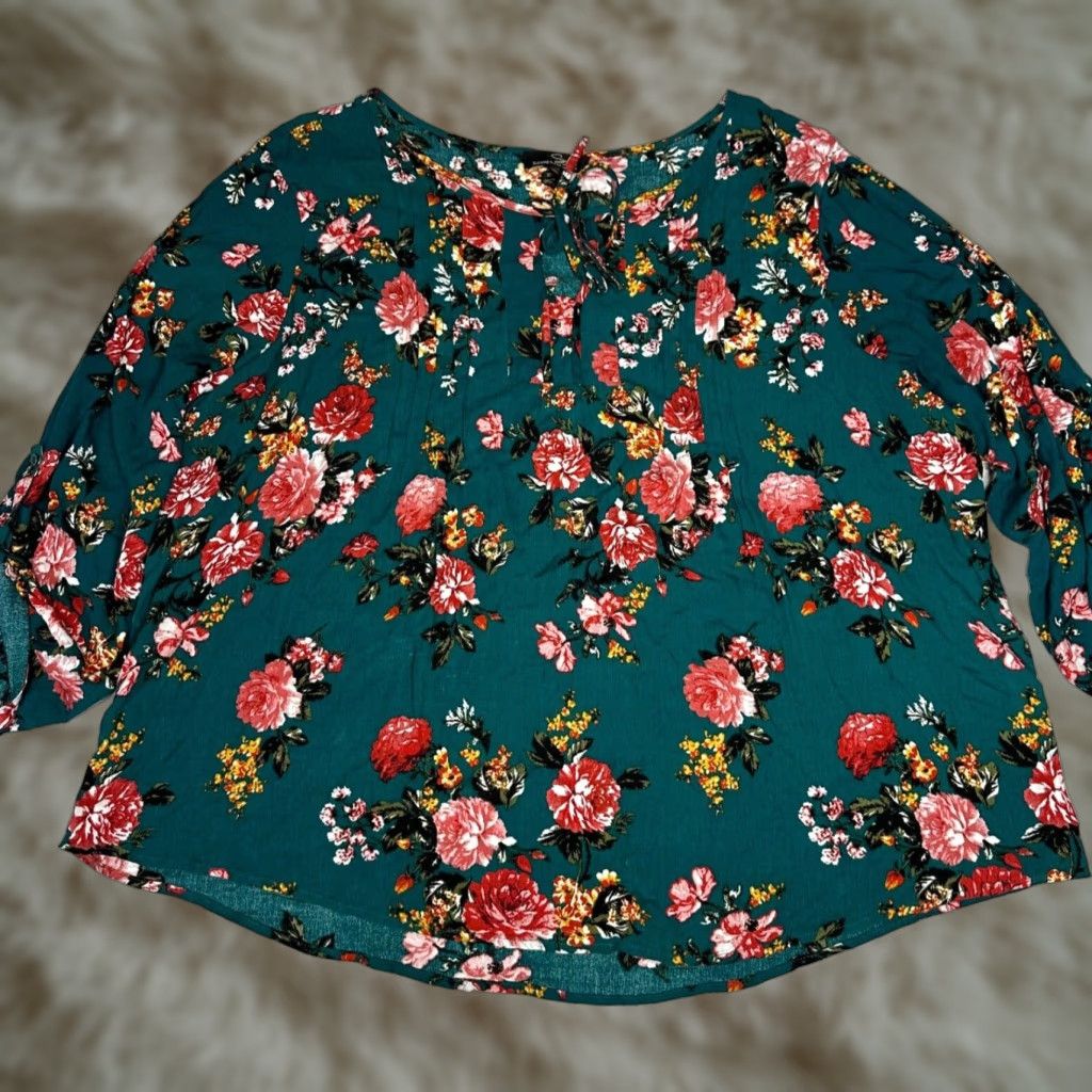 Vintage Suzanne Betro Womens Blouse Long Sleeve Floral Green 3X Keyhole Tie Roll Tab Shirt Plus Size Size XXL / US 16-18 / IT 52-54 - 1 Thumbnail