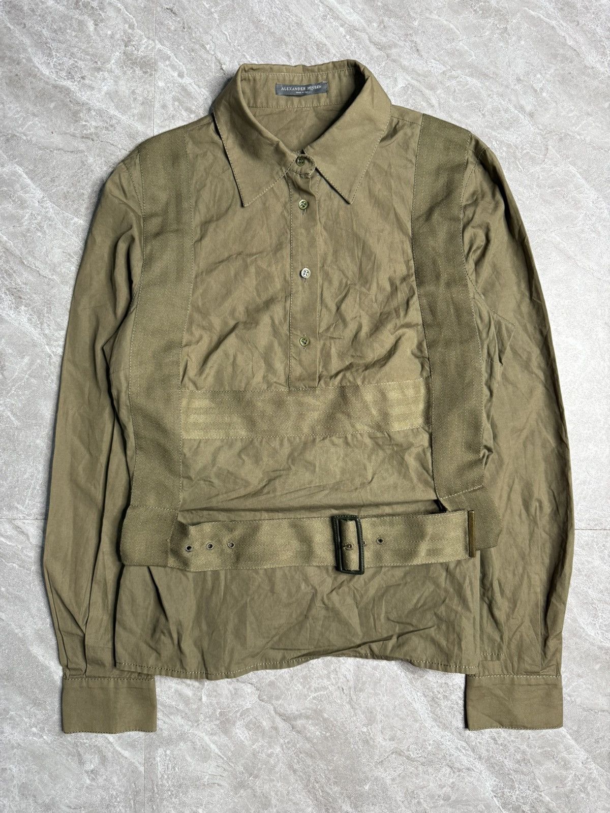 Alexander McQueen Alexander Mcqueen 2003 Military Green Bondage Belted Shirt Size S / US 4 / IT 40 - 1 Thumbnail