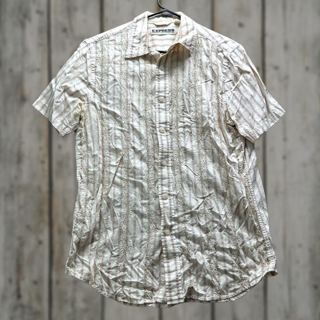 Express Express Shirt Mens M White Stripe Short Sleeve Button Up Embroidered Casual Size US M / EU 48-50 / 2 - 1 Thumbnail