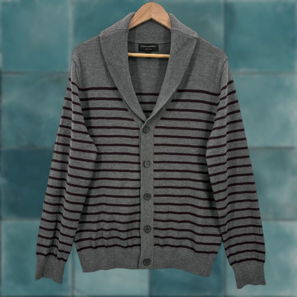 Banana Republic Banana Republic Cardigan Sweater Mens Medium Merino Wool Striped Shawl Collar Gray Mens Cardigan Size US M / EU 48-50 / 2 - 1 Thumbnail