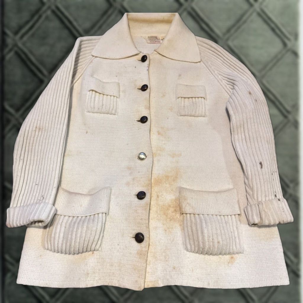 Vintage VINTAGE Montgomery Ward Cardigan Sweater Men's 42 White 4-Pocket Acrylic Knit Stripes Stains Size US XL / EU 56 / 4 - 1 Thumbnail