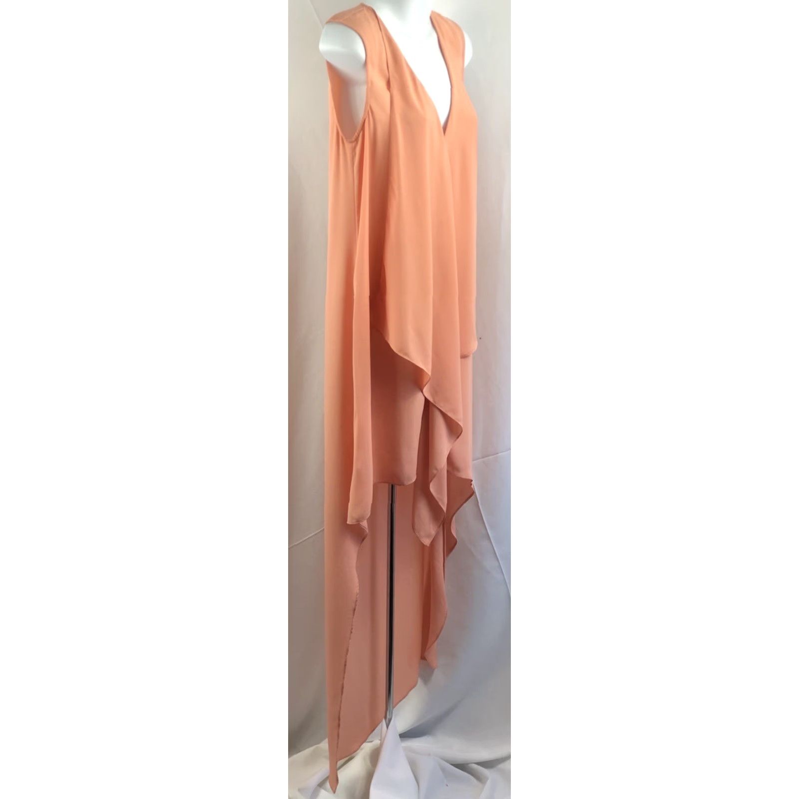 Bcbgmaxazria BCBGMAXAZRIA Dress Sleeveless Hi-Low Chiffon Peach Waterfall Drape Ruffle Georgette S Womens Dress Size S / US 4 / IT 40 - 4 Thumbnail
