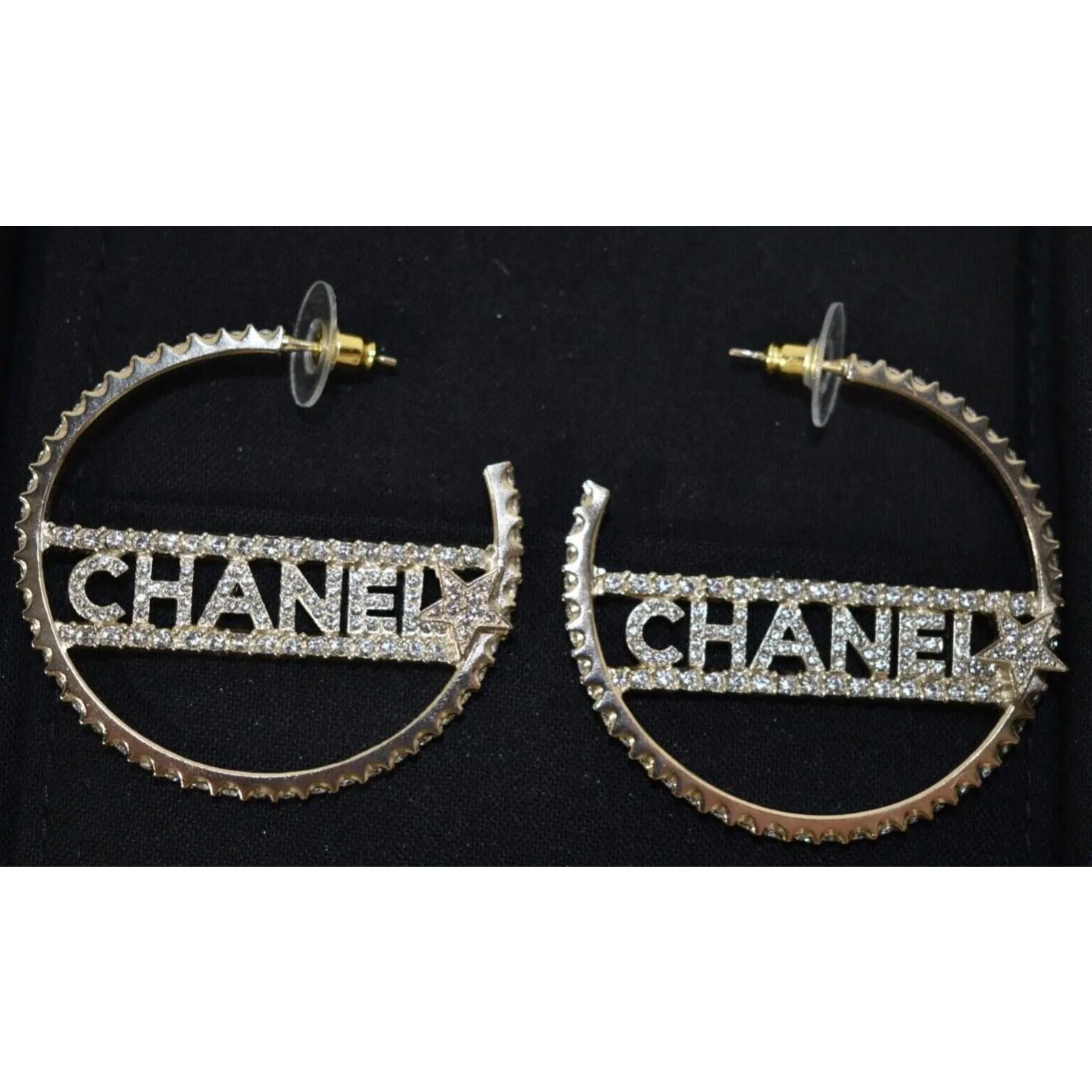 Chanel Chanel Gold Metal Crystal Drop Statement Hoop Earrings Size ONE SIZE - 1 Thumbnail