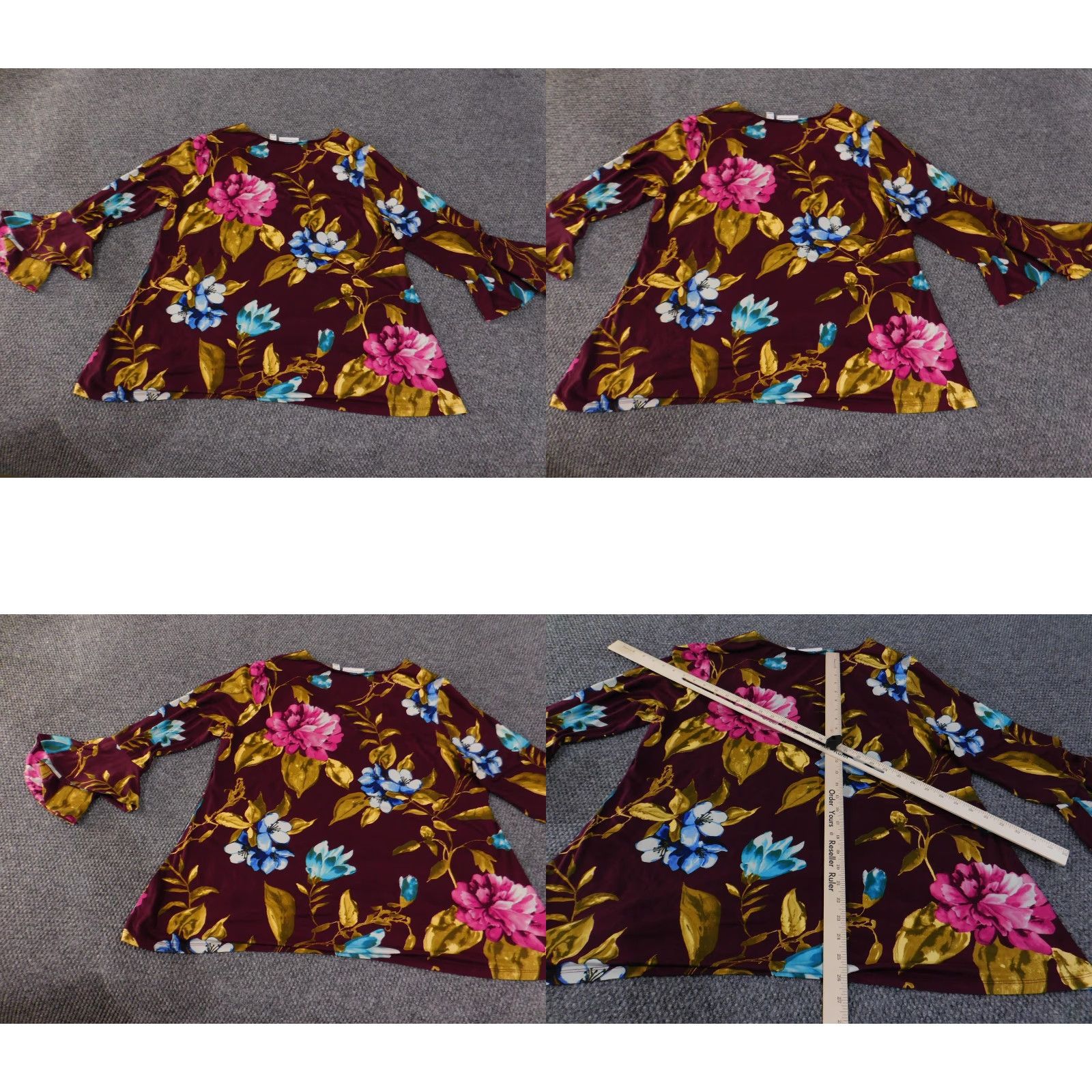 Vintage Susan Graver Shirt Womens XL Burgundy Floral Bell Sleeve Stretch Top Blouse Boho Size XL / US 12-14 / IT 48-50 - 9 Thumbnail