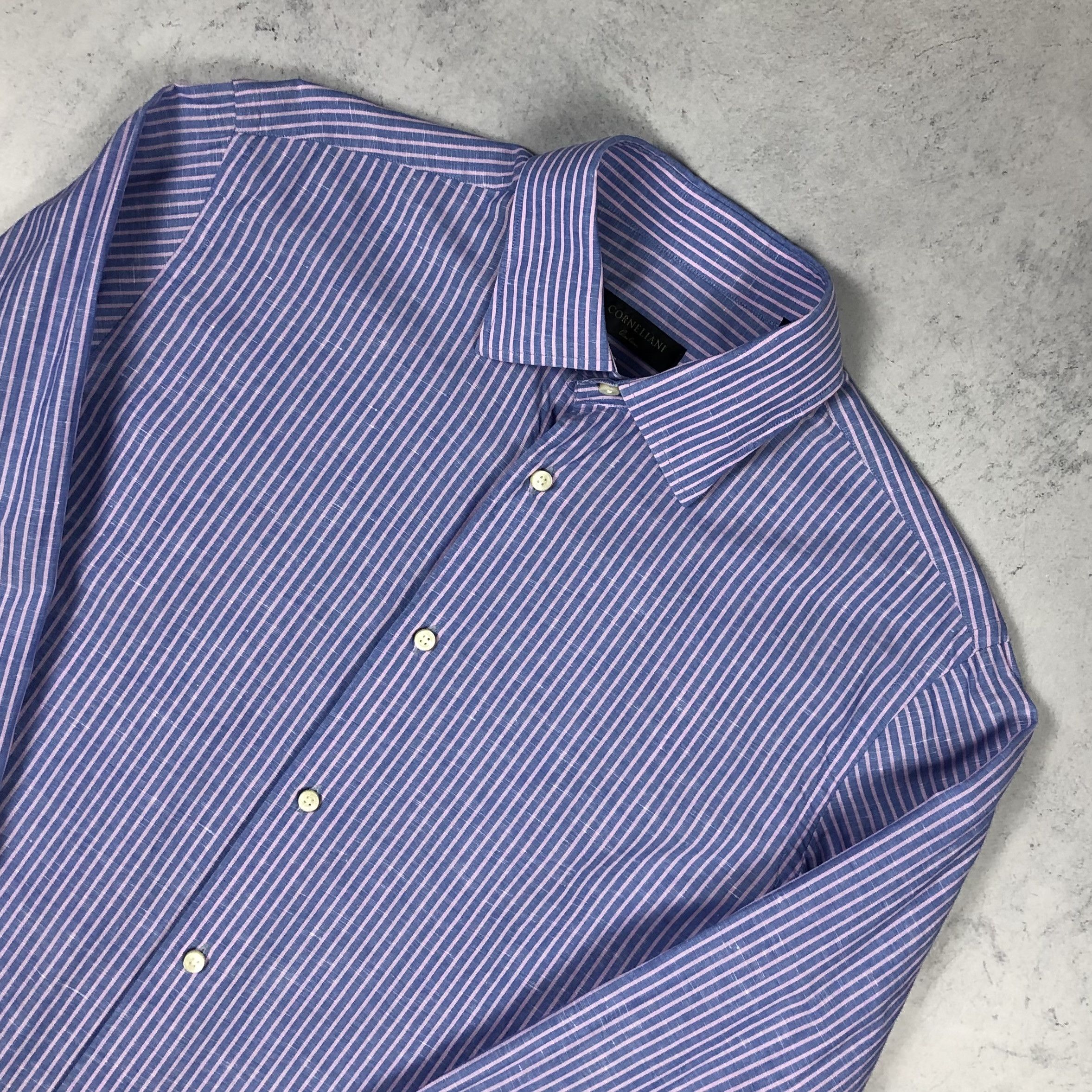 Corneliani Corneliani Striped Cotton Flax Button-up Shirt Size US L / EU 52-54 / 3 - 3 Thumbnail