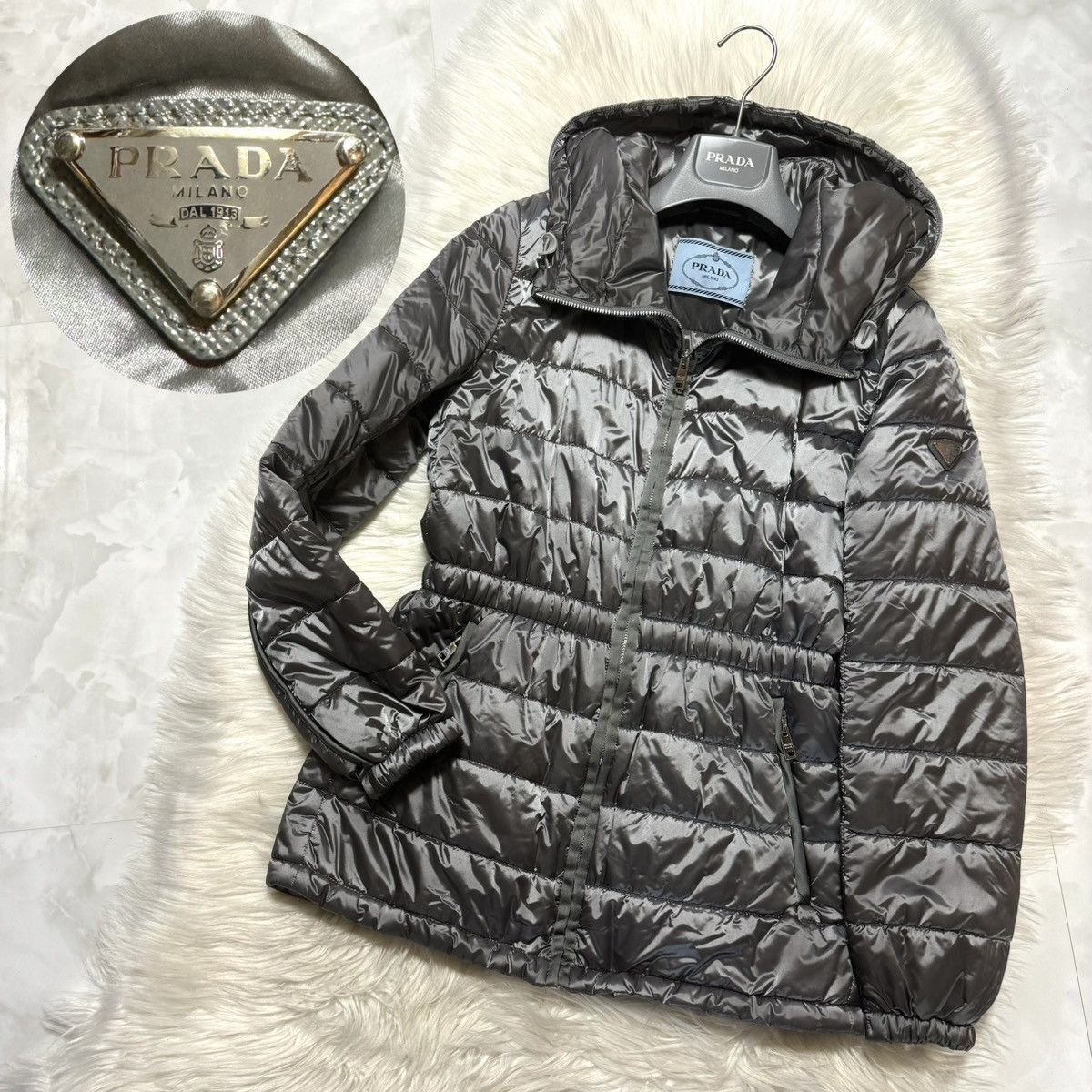 image of Prada Leather Triangle Tag Hooded Nylon Jacket Light Down in Silver, Women's (Size Small)