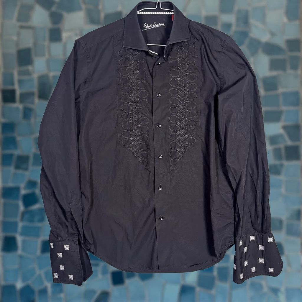 Robert Graham Robert Graham Shirt Mens 15.5/39 M French Cuff Dress Embroidered Notch Collar Black Geometric 100% Cotton Classic Mens Size 42R - 1 Thumbnail