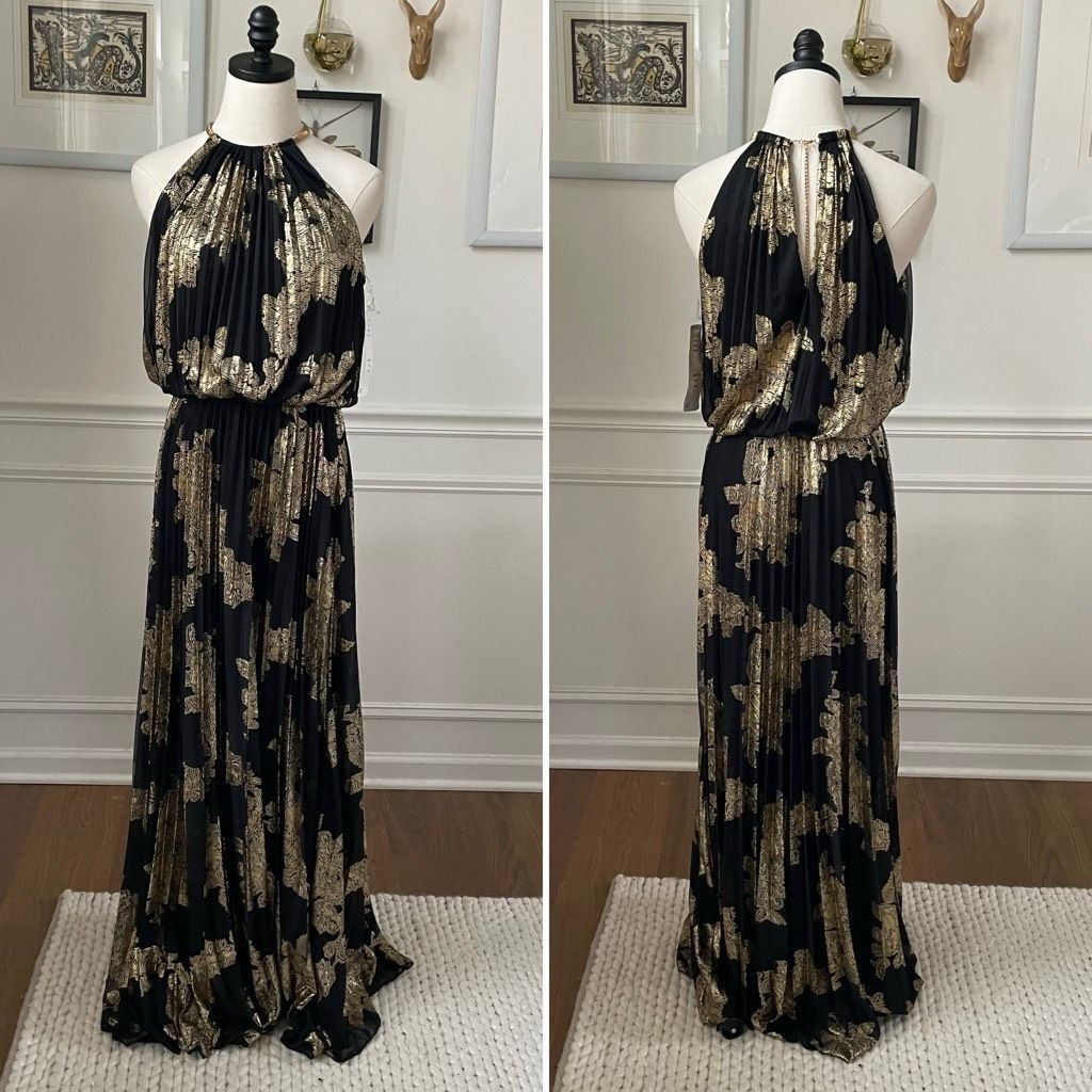 Pose Msk NWT MSK Metallic Print Pleated Blouson Gown Black Gold 8 Grailed