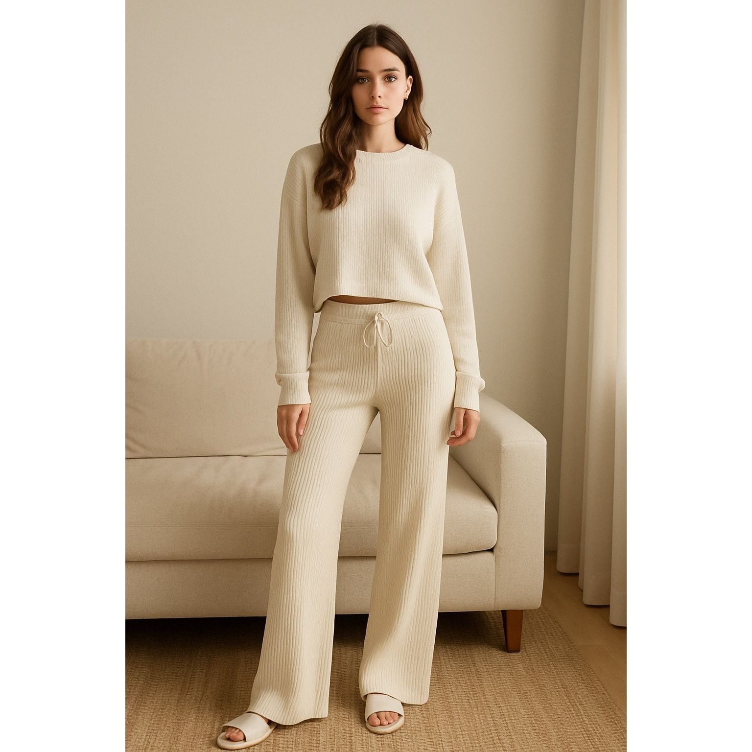 Pink Minimalist Cozy Ribbed Wide Leg Pants Cream XS Size 22" - 1 Thumbnail
