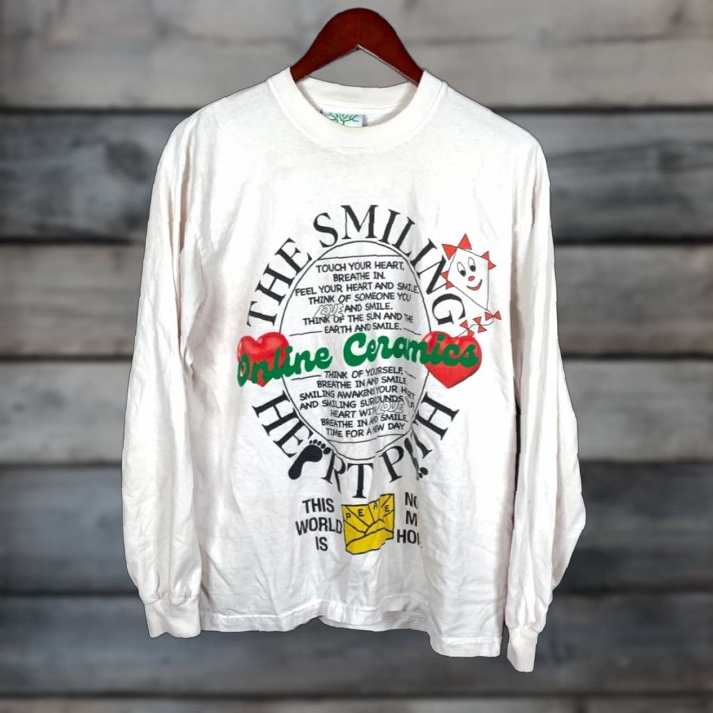 Online Ceramics VINTAGE Online Ceramics Smiling Heart Path Long Sleeve T-Shirt Men Medium White Graphic Print Hippie Fall Spring Summer Winter Size US M / EU 48-50 / 2 - 1 Thumbnail