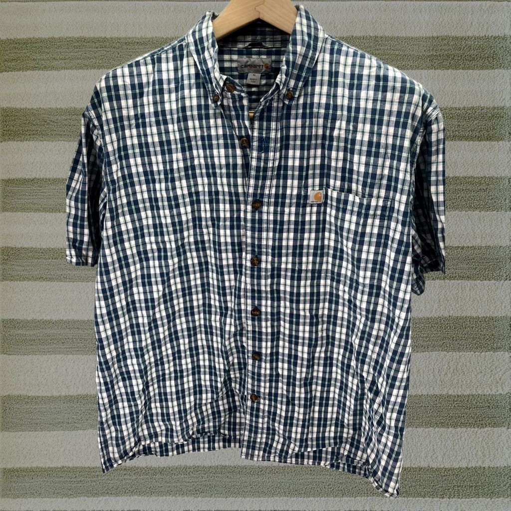 Carhartt Shirt Mens 1XL Blue Green Plaid Relaxed Button Short Sleeve Cotton, Men's