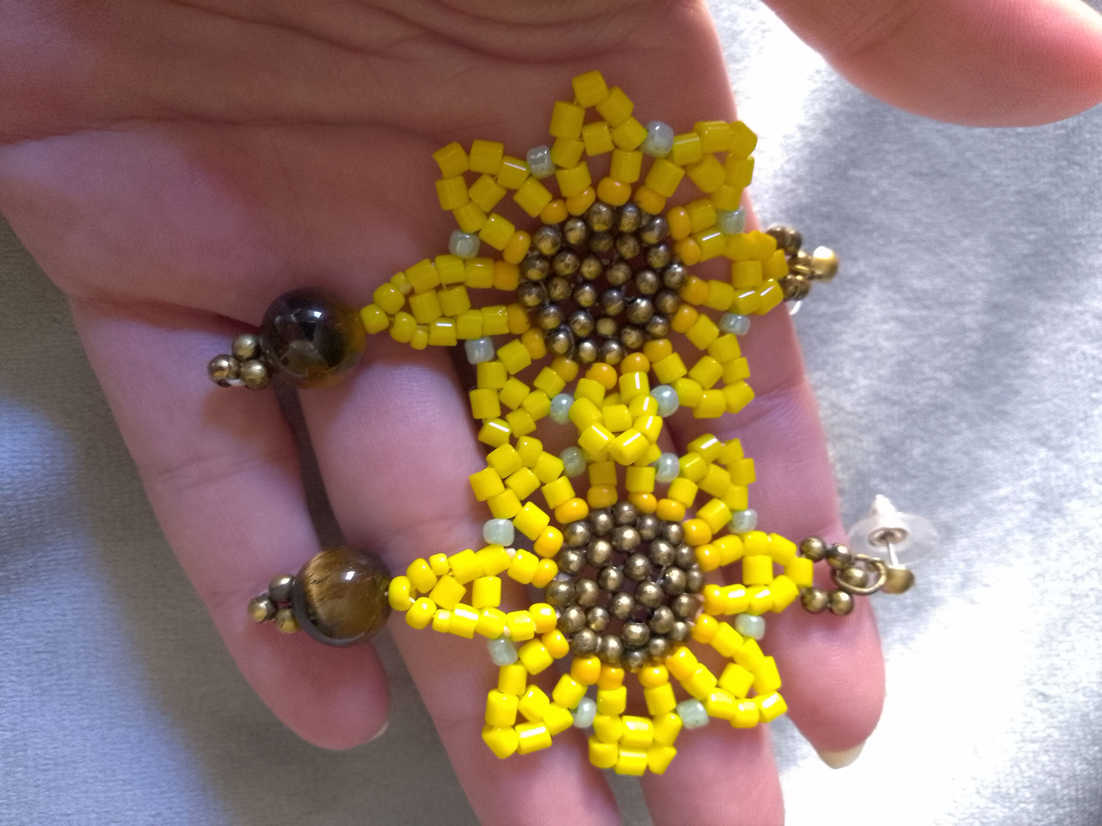 Handmade Earrings Sunflower Boho Eye of Tiger Gemstones Size ONE SIZE - 4 Thumbnail
