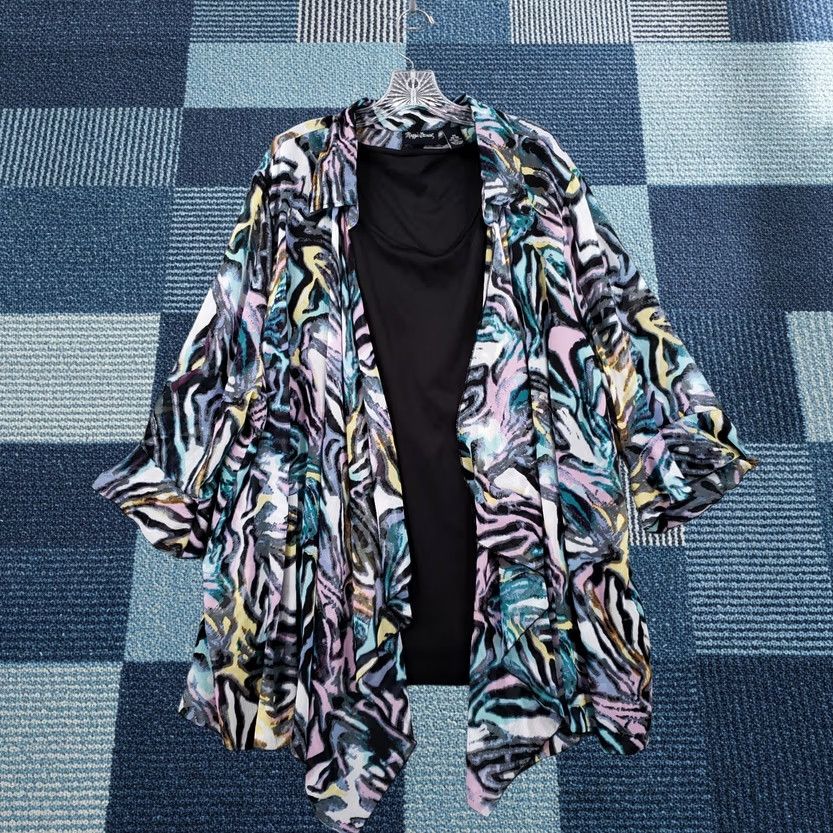 Vintage Maggie Barnes Women Plus Size 3X 26/28 Blue Abstract Cardigan Sweater Open Front Boho Size XXL / US 16-18 / IT 52-54 - 1 Thumbnail