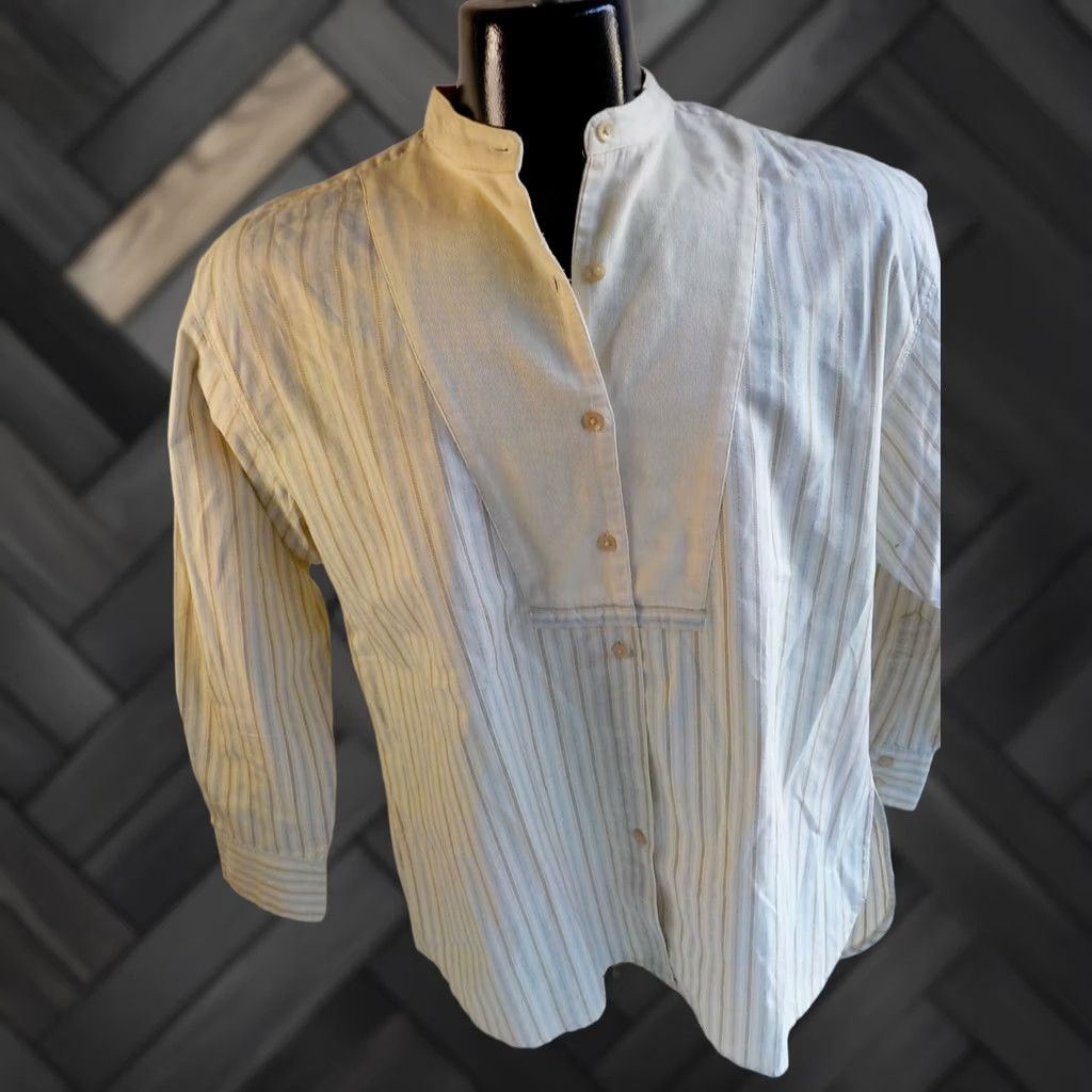 Gap GAP Blouse Striped Button Front Banded Collar 100% Cotton Beige/Light Blue SZ SMALL Womens Casual Shirt Size S / US 4 / IT 40 - 1 Thumbnail