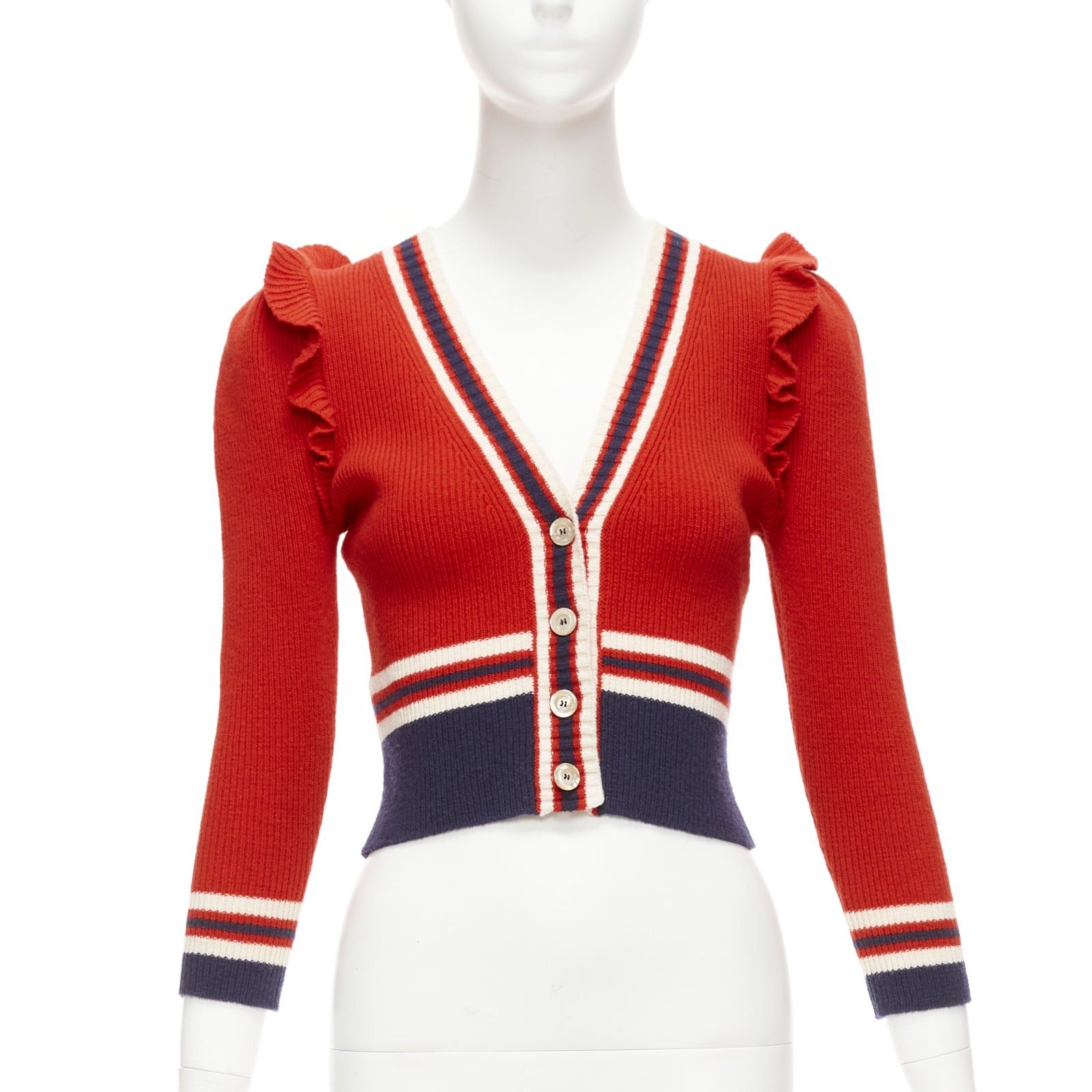 Image of Gucci 100% Wool Red Navy Ruffle Trim Ribbed Hem Cropped Cardigan Xs, Women's (Size Small)