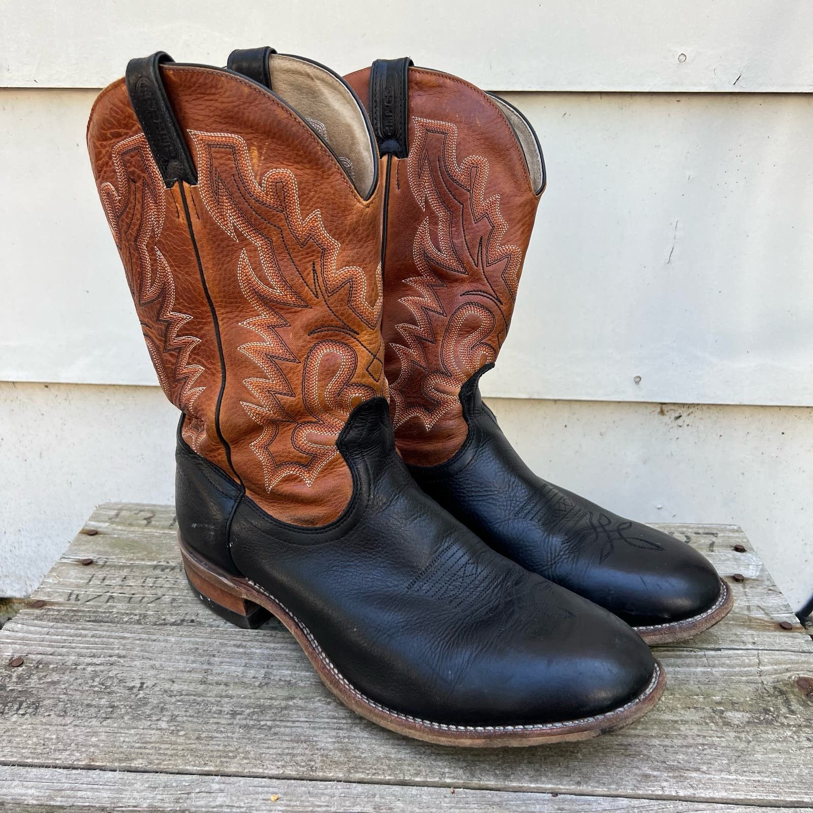 image of Boulet Black Leather Orange Shaft Round Toe Cowboy Boots 11D, Men's