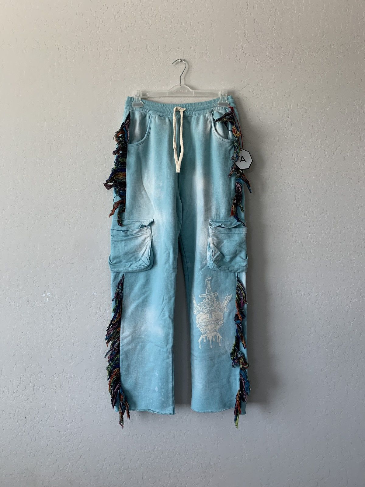image of Alchemist Blue Bleached Fringe Cargo Pants, Men's (Size 36)