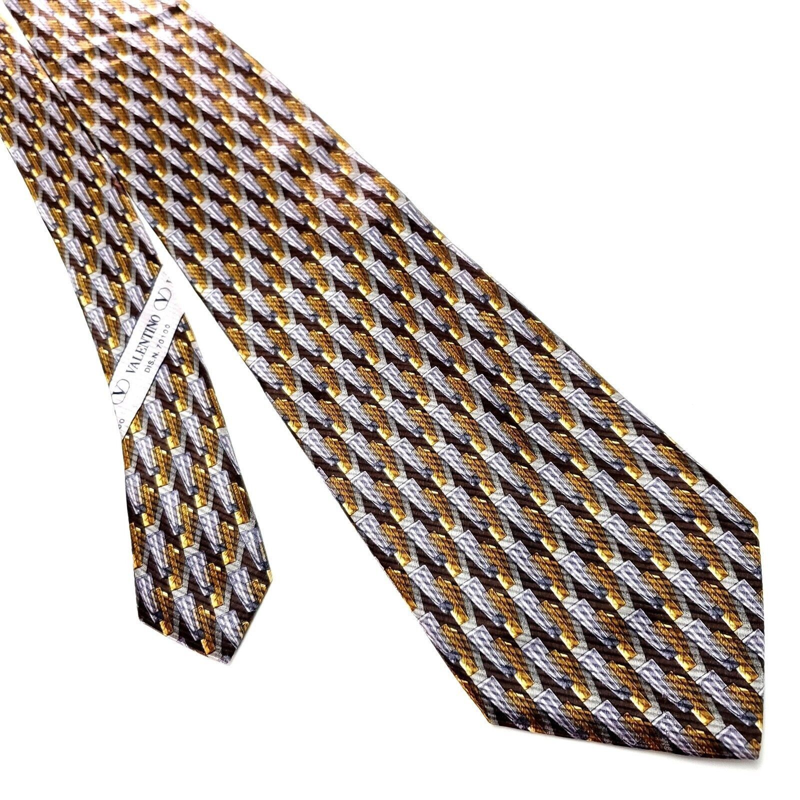 Valentino Valentino Grey & Gold Silk Tie Woven Short Wide Motif Satin Size ONE SIZE - 1 Thumbnail