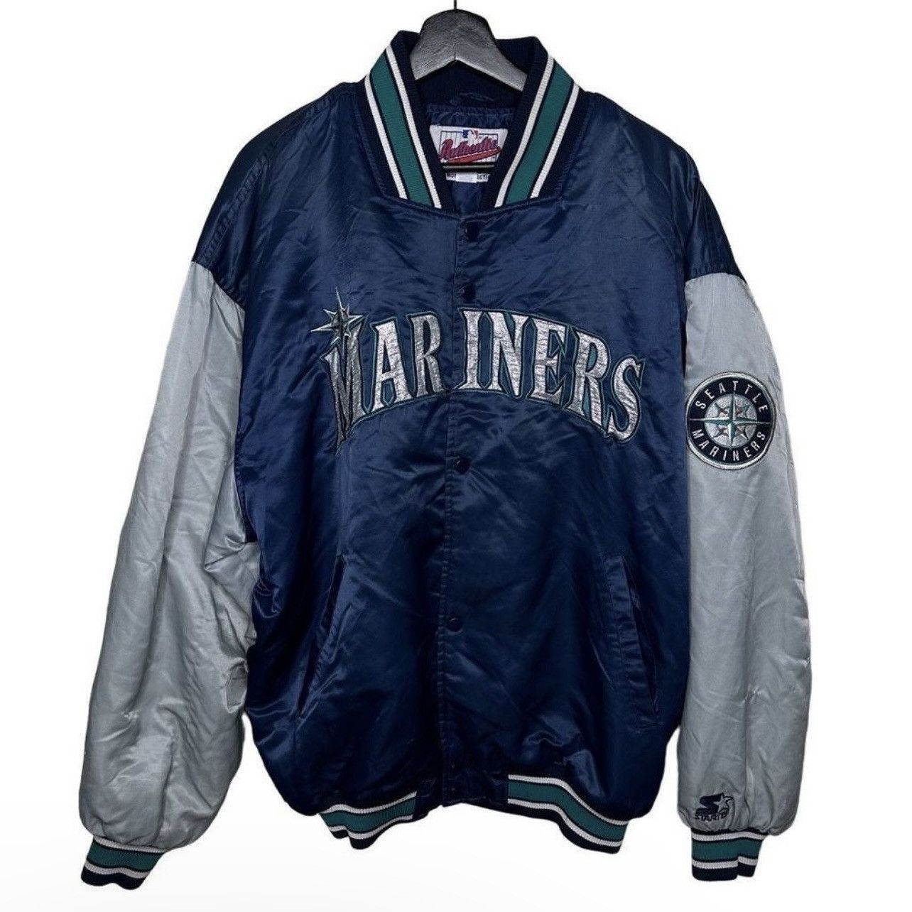 image of Mlb Mariners Starter Satin Bomber Jacket Men’S in Blue, Men's (Size 2XL)