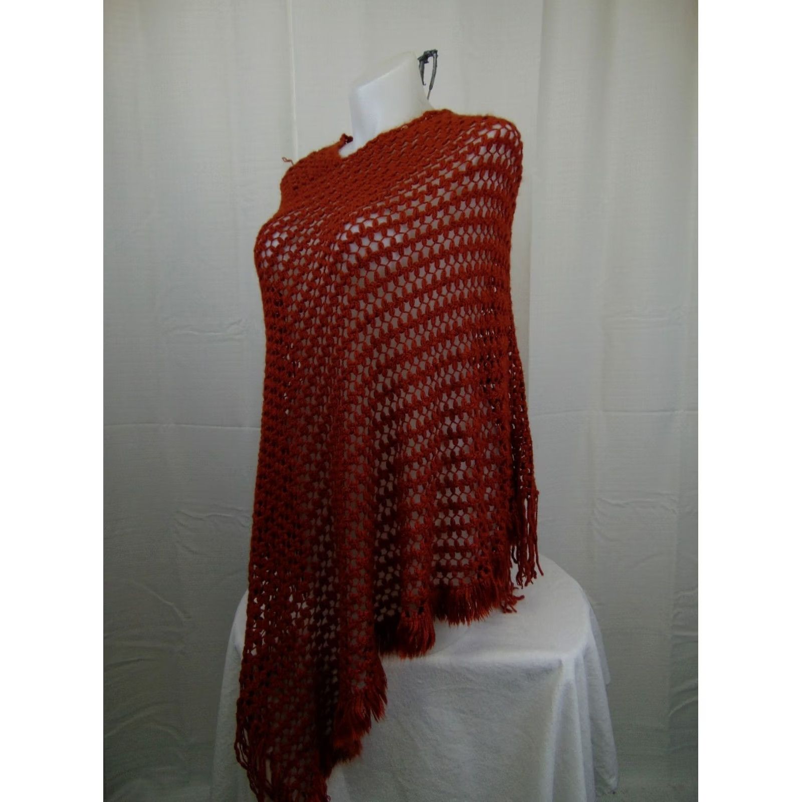 Vintage Collection XIIX Poncho Open Waffle Stitch Fringe Sequoia Rust One Size Women Size ONE SIZE - 2 Thumbnail