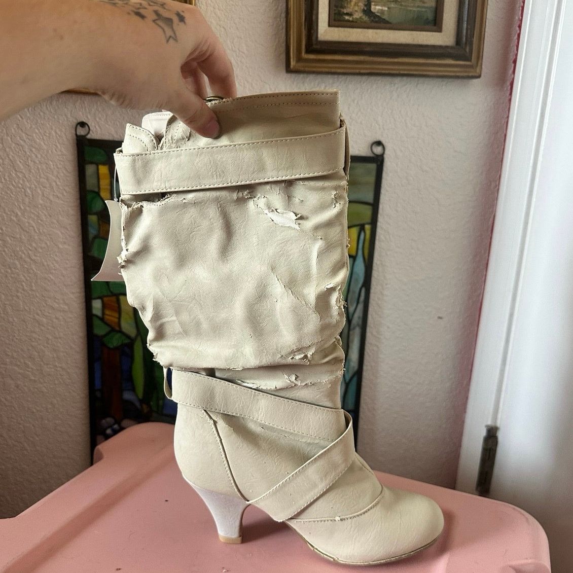 Other shiekh cream calf boots heels, need work vintage Size US 7.5 / IT 37.5 - 3 Thumbnail
