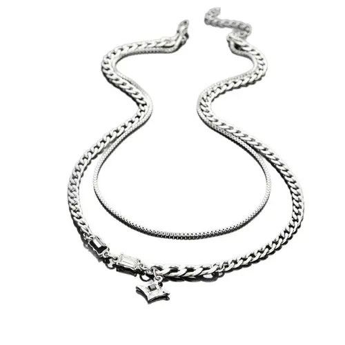 Jewelry Silver Layered Chain Necklace with Black Gem Pendant Size ONE SIZE - 8 Thumbnail