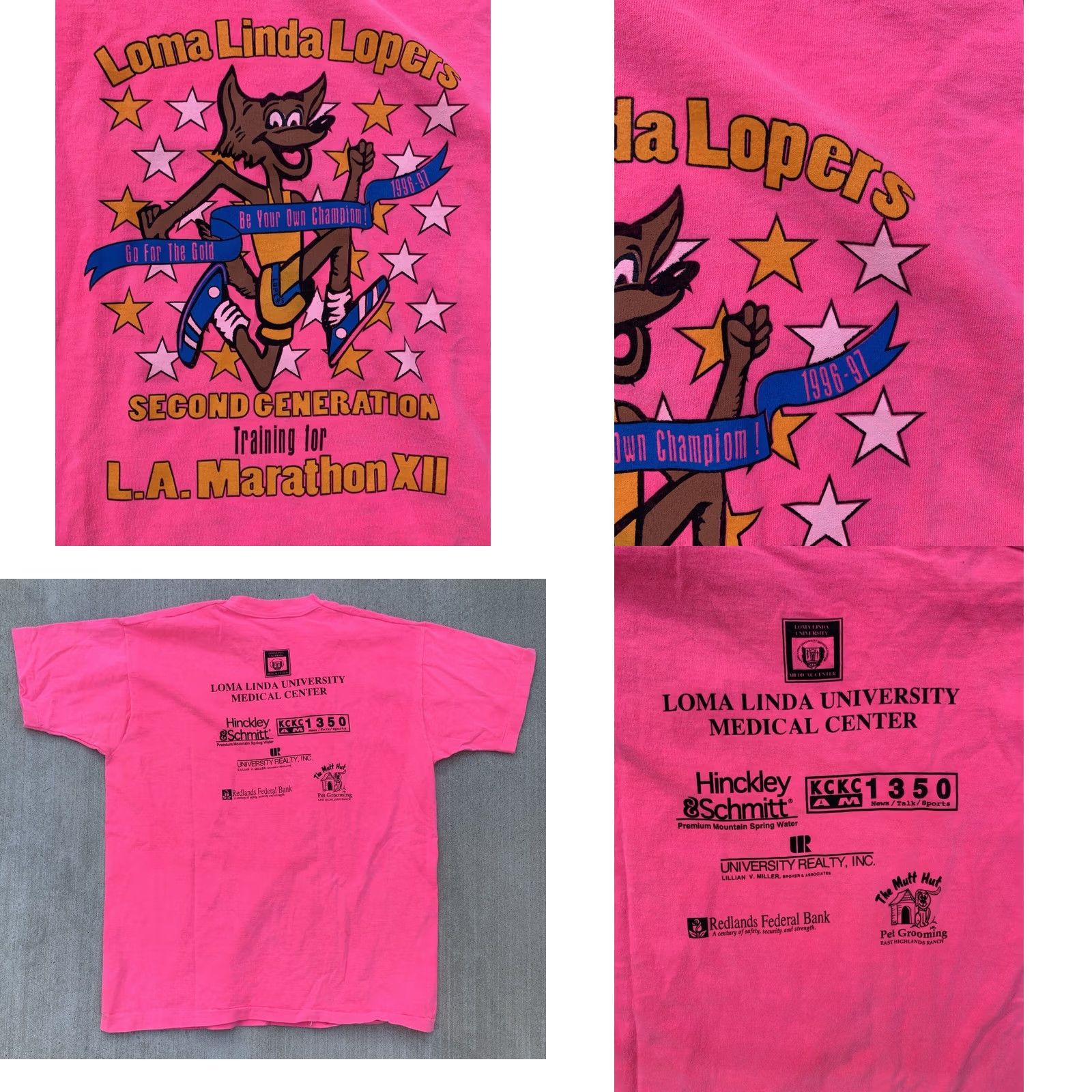 Fruit Of The Loom VINTAGE Loma Linda Lopers Marathon Training T Shirt 90s Neon Pink Size XL Fruit of the Loom Mens T-Shirt Size US XL / EU 56 / 4 - 10 Thumbnail