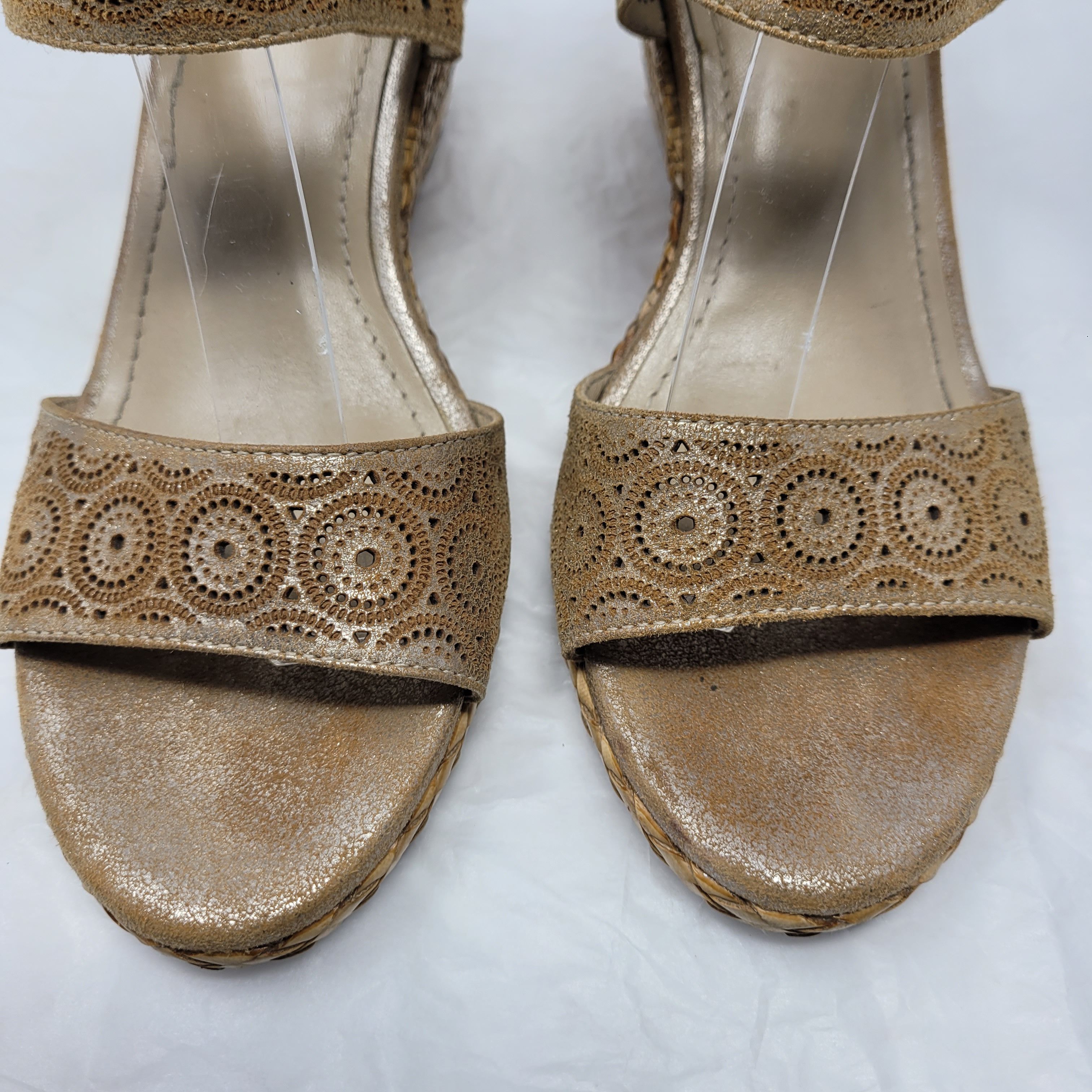 Johnston & Murphy Leather Gold Metallic Georgiana Wedge Sz 8 Espadrille Boho Size US 8 / IT 38 - 6 Thumbnail