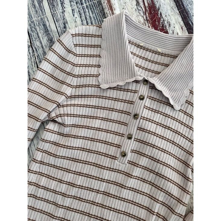 Other Striped Ribbed Polo Stretch Knit Top - Lavender with Brown S Size S / US 4 / IT 40 - 3 Thumbnail