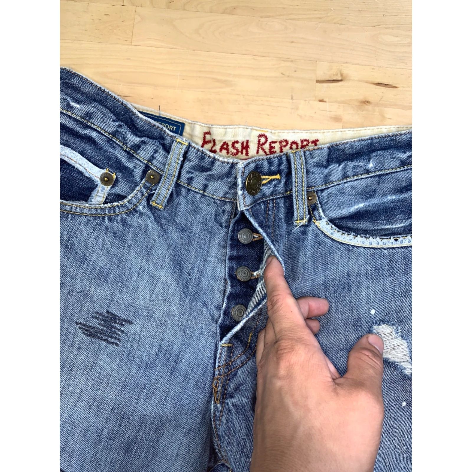Denime Flash Report Denim Shorts Mens M Blue 5-Pocket Design Distressed Pockets Jorts Japanese Streetwear 12091 Size US 31 - 3 Thumbnail