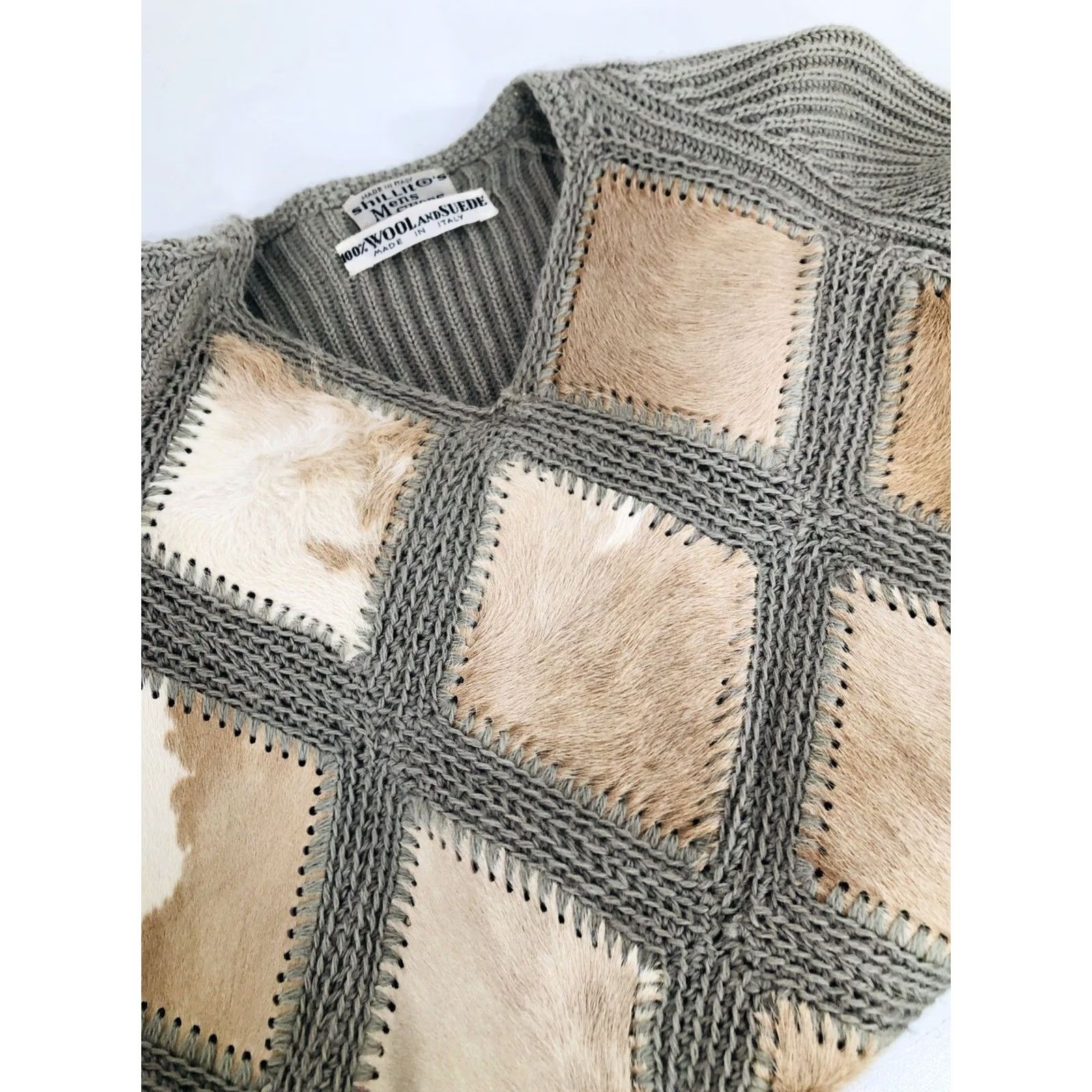 Vintage Shillito's Italy Vtg. Wool & Cow Hide Suede Leather Mens Sm. Sweater Shirt Regular S Greenish Beige / Tan 90s Italy Mens Size US S / EU 44-46 / 1 - 6 Thumbnail