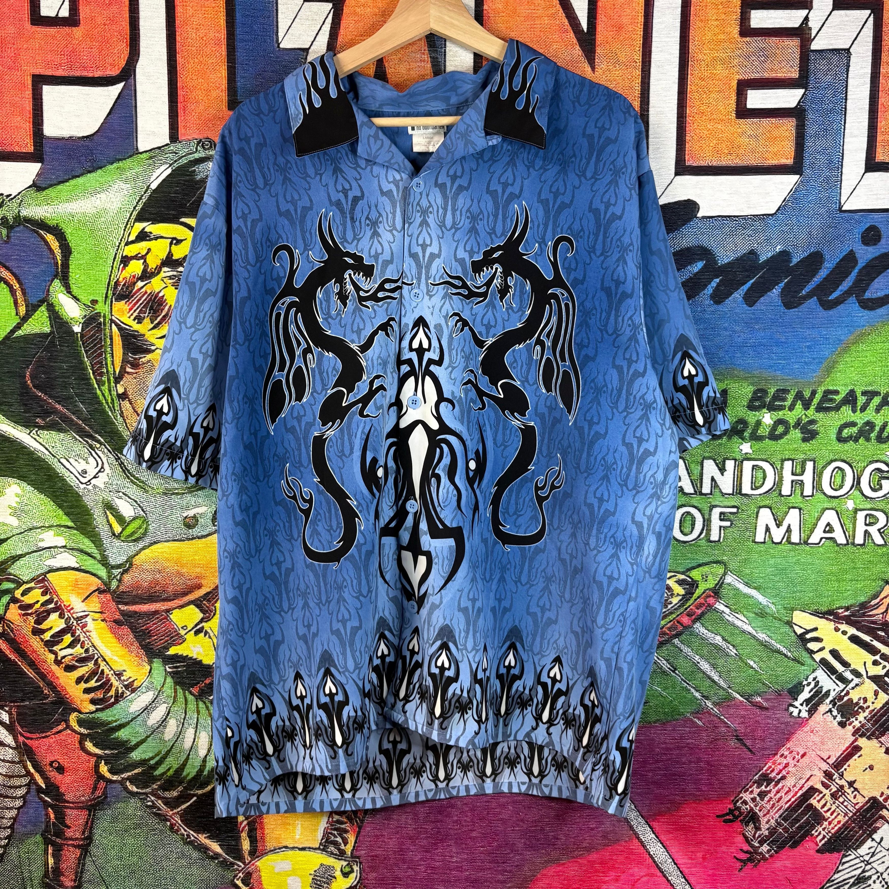 Other Y2K No Boundaries Blue Dragon Flames Rayon Button Up Size L Size US L / EU 52-54 / 3 - 1 Thumbnail