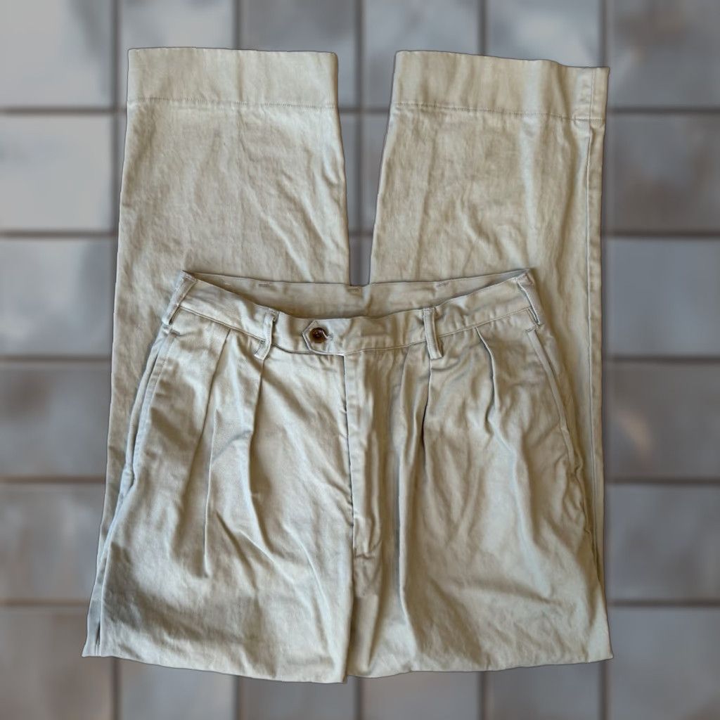 Vintage Non Stock Pleated Pants Casual Pants Men 29 Beige Cotton 5-Pocket Regular Straight USA Vintage No 90s Hipster Preppy 29x28.5 Mens Size US 29 - 1 Thumbnail