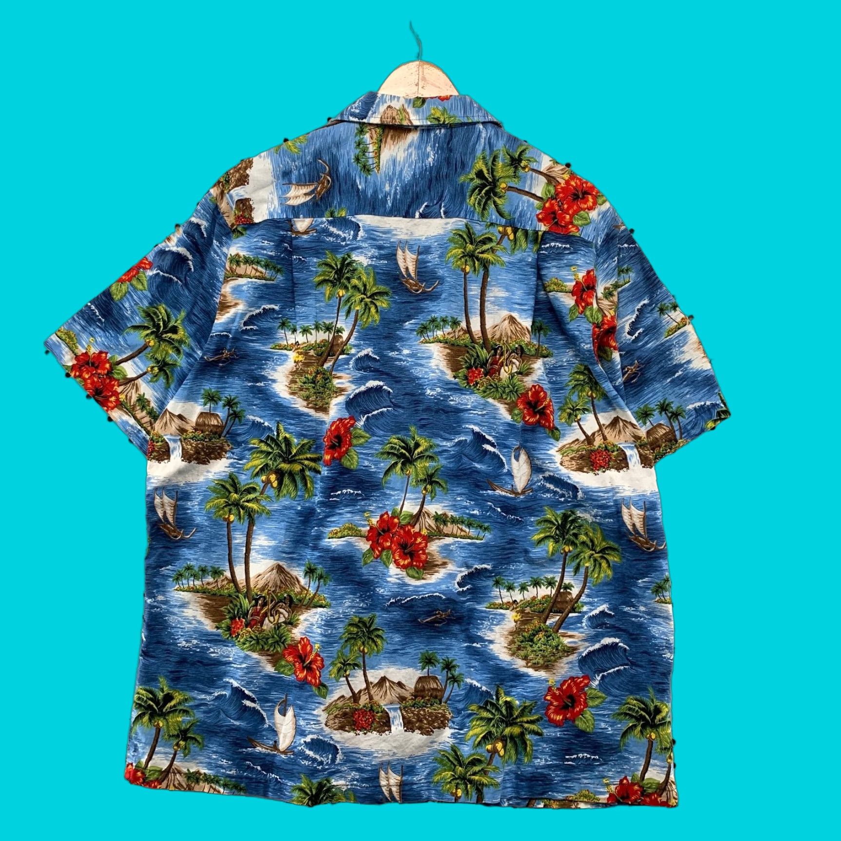 ALOHAS Vintage RJC Aloha Hawaiian Button Shirt Mens XL Blue Island Beach Trees USA Rare Shirt Size US XL / EU 56 / 4 - 1 Thumbnail