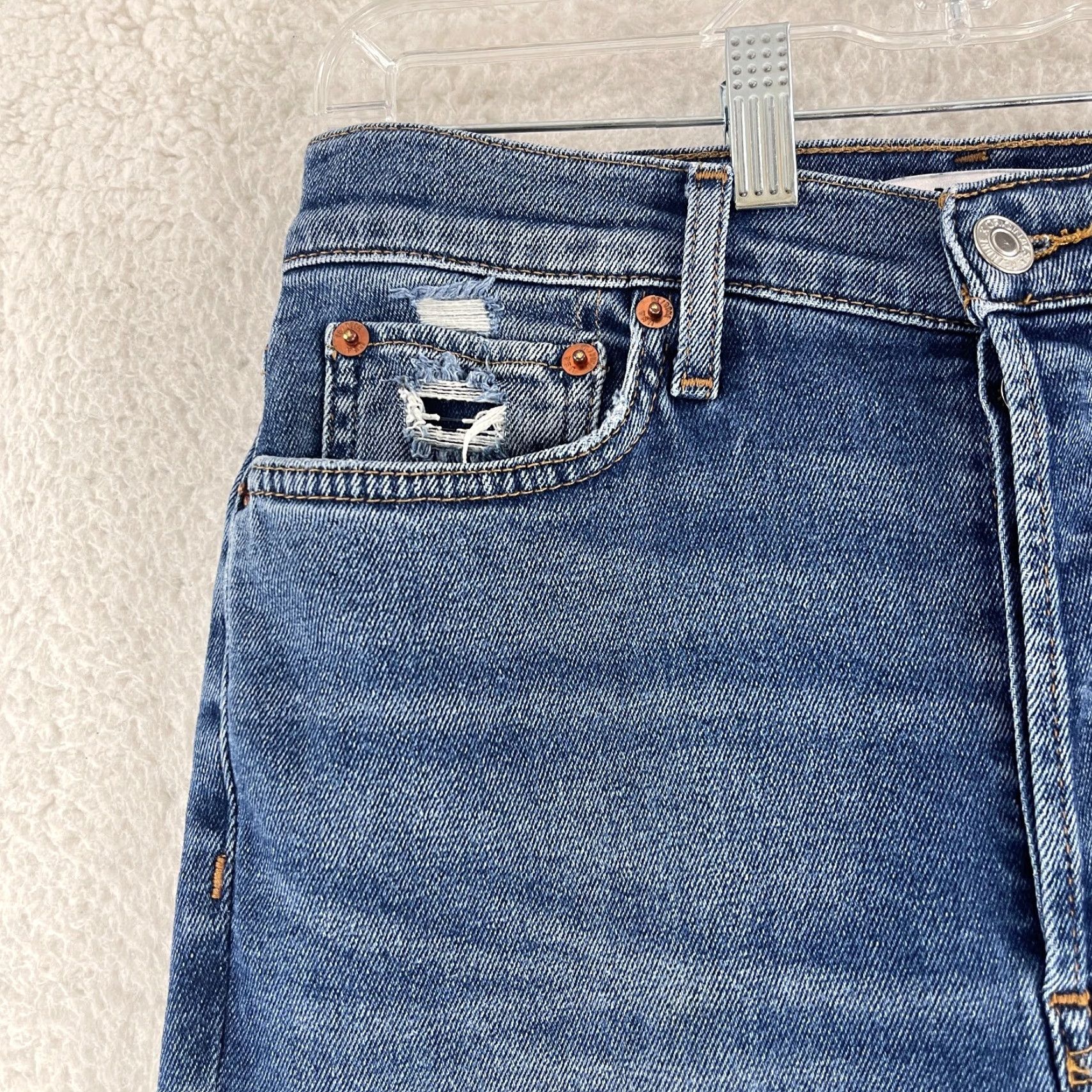 RE/DONE Re/Done 70s Stovepipe Jeans Womens Size 28 Blue Denim Straight Leg Frayed Hem Jeans Size 28" / US 6 / IT 42 - 5 Thumbnail