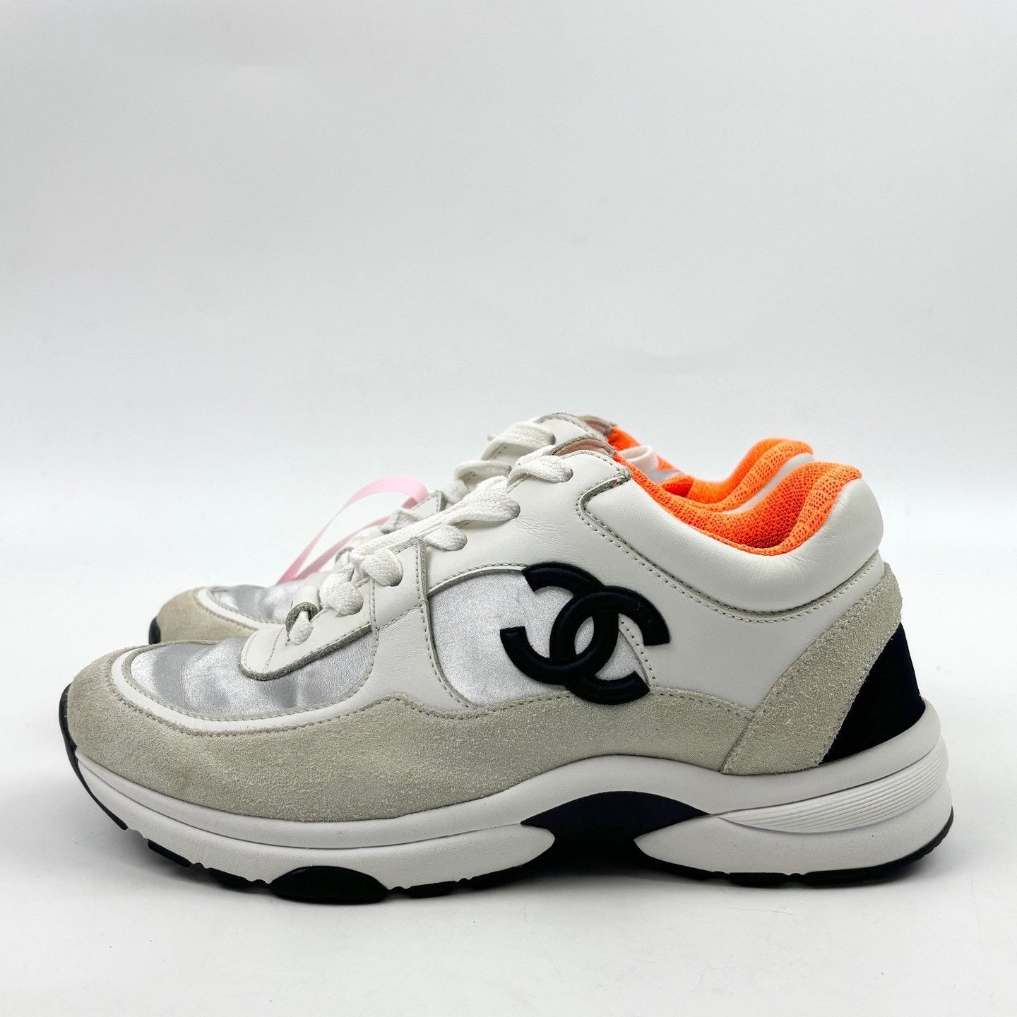 Chanel Chanel Silver White CC Logo Sneakers Size US 5 / IT 35 - 1 Thumbnail
