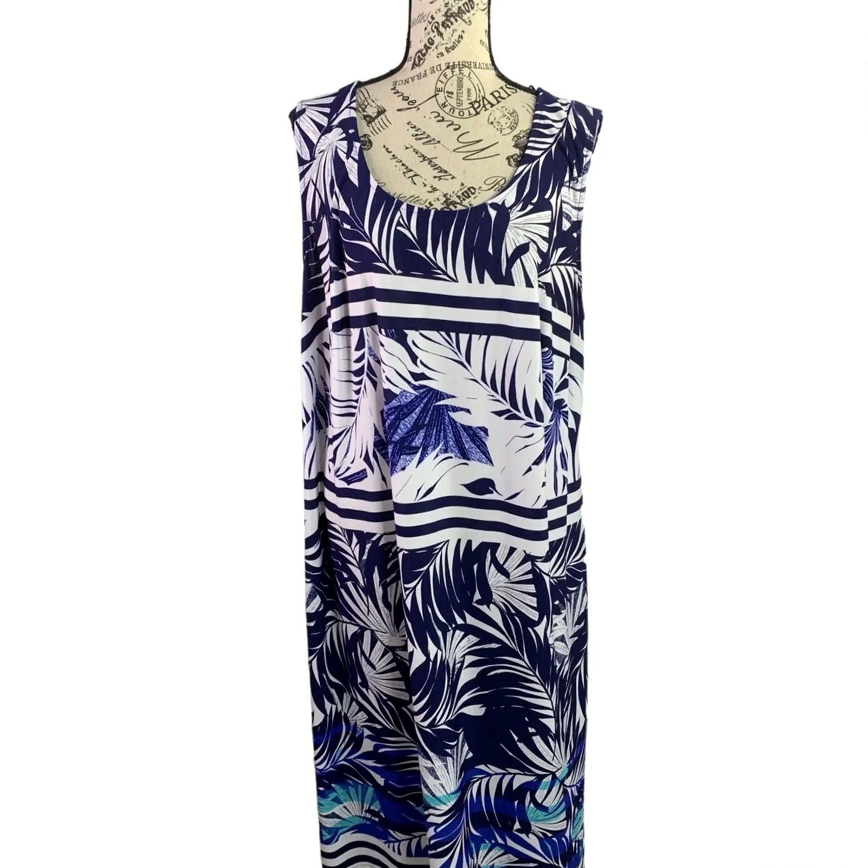 Vintage Catherine's Tropical Palm Print Sleeveless Midi Dress White Aqua Blue 3X Womens Plus Size A-Line Shift Size XXL / US 16-18 / IT 52-54 - 2 Thumbnail