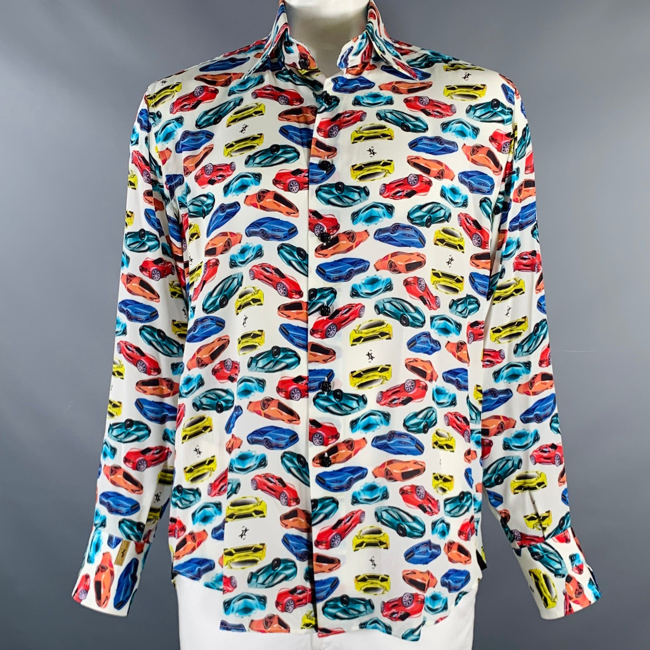 image of Billionaire Couture White Multi Color Print Silk Long Sleeve Shirt, Men's (Size Large)