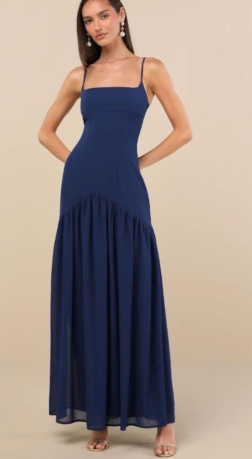 NWT lulus Auria Navy Blue Chiffon Drop Waist Maxi Dress S