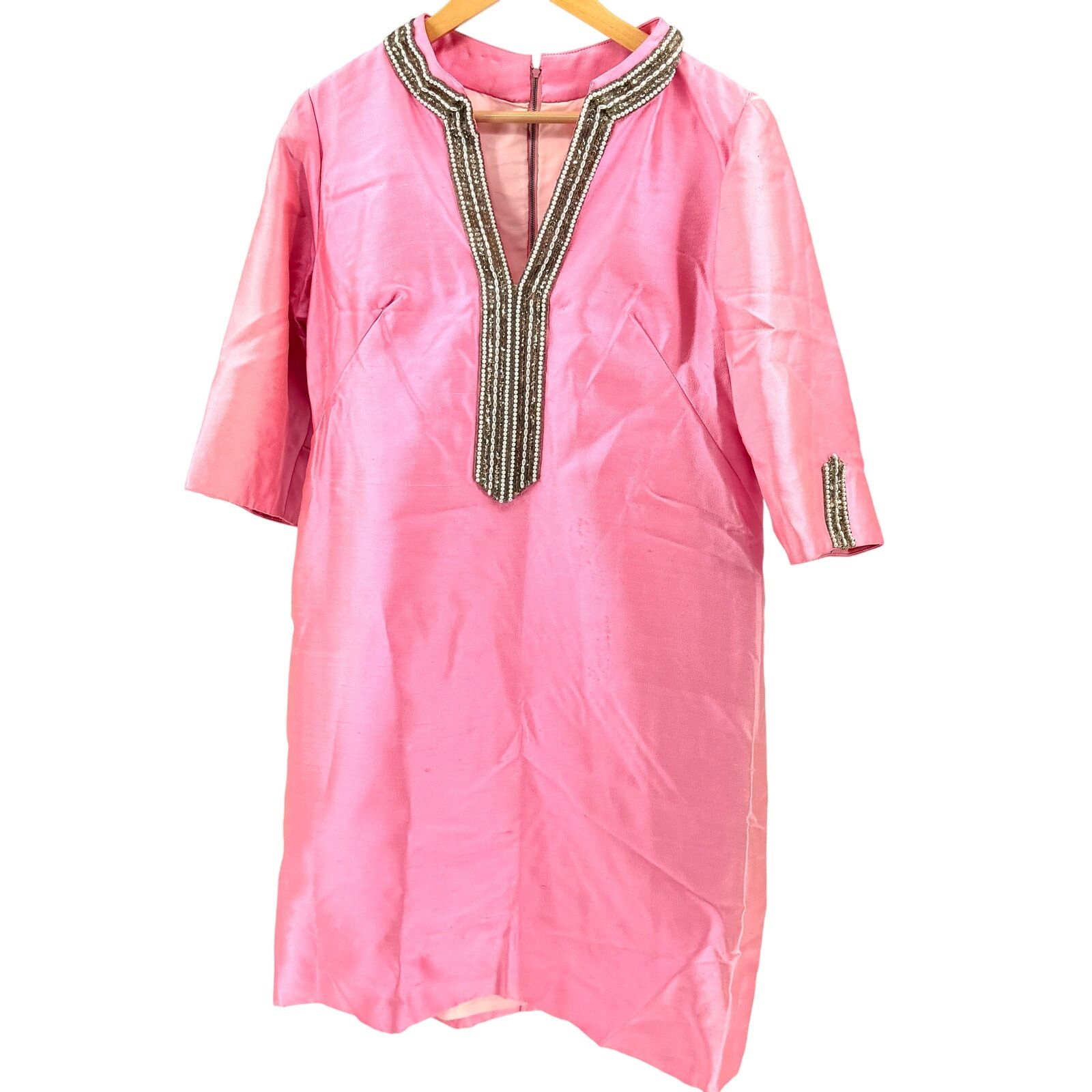 Handmade Vintage 60s Beaded Faux Pearl Iridescent Tunic Shift Dress Size XL / US 12-14 / IT 48-50 - 1 Thumbnail