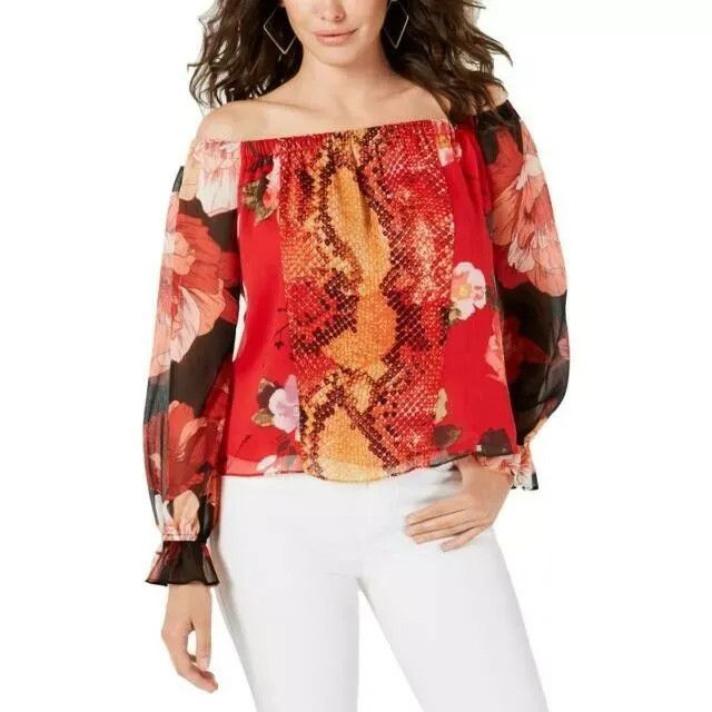 Guess GUESS Pamelia Chiffon Off-The-Shoulder Top, Red-multi, Sz. S Size S / US 4 / IT 40 - 3 Thumbnail