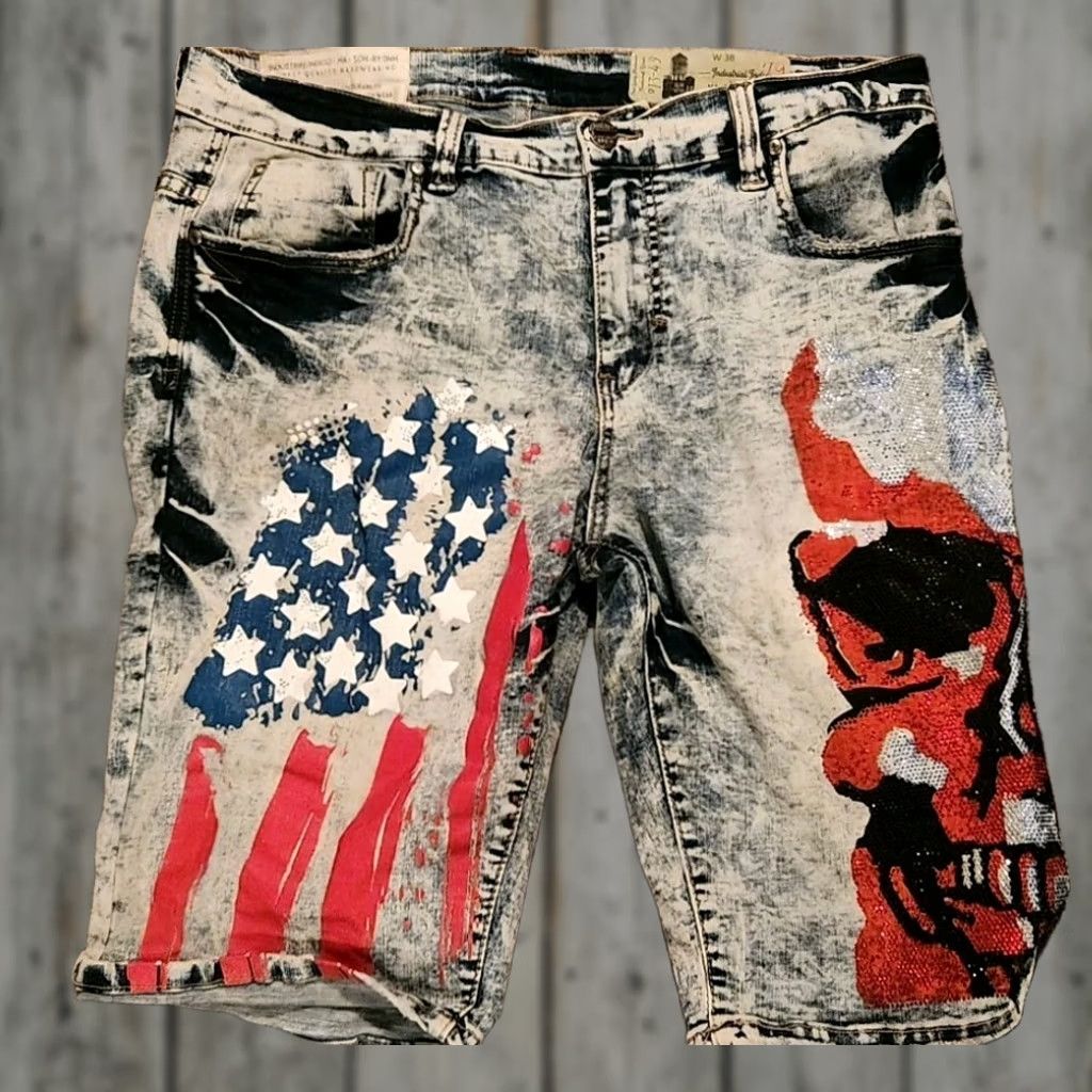 Vintage Industrial Indigo Jeans Shorts Mens Blue Stonewashed Distressed Painted 38 Slim Regular 5-Pocket Denim Cotton Spandex USA Grunge Retro USA メンズ Size US 38 / EU 54 - 1 Thumbnail