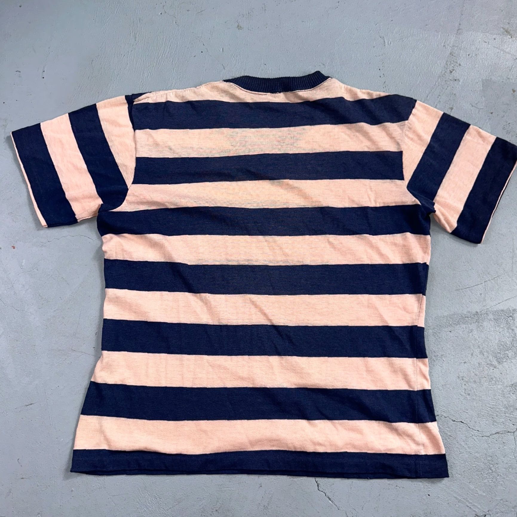 Essentials VINTAGE Blue Pink Rockabilly T Shirt 1970s Striped Crew Neck Short Sleeve Mens L Cotton Size US L / EU 52-54 / 3 - 6 Thumbnail