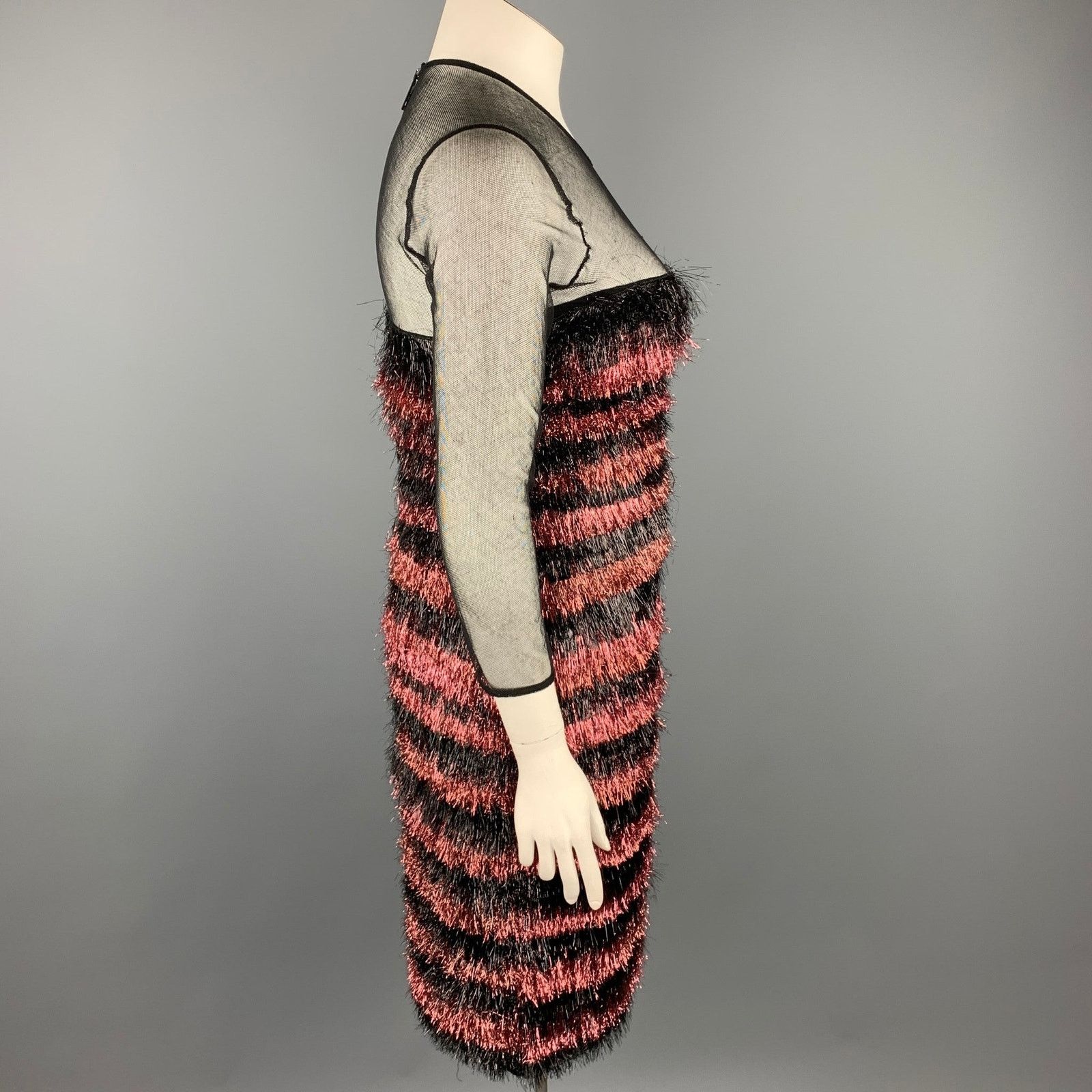 Burberry Prorsum Black & Pink Nylon / Polyester Tinsel Illusion Eyelash Dress Size L / US 10 / IT 46 - 3 Thumbnail
