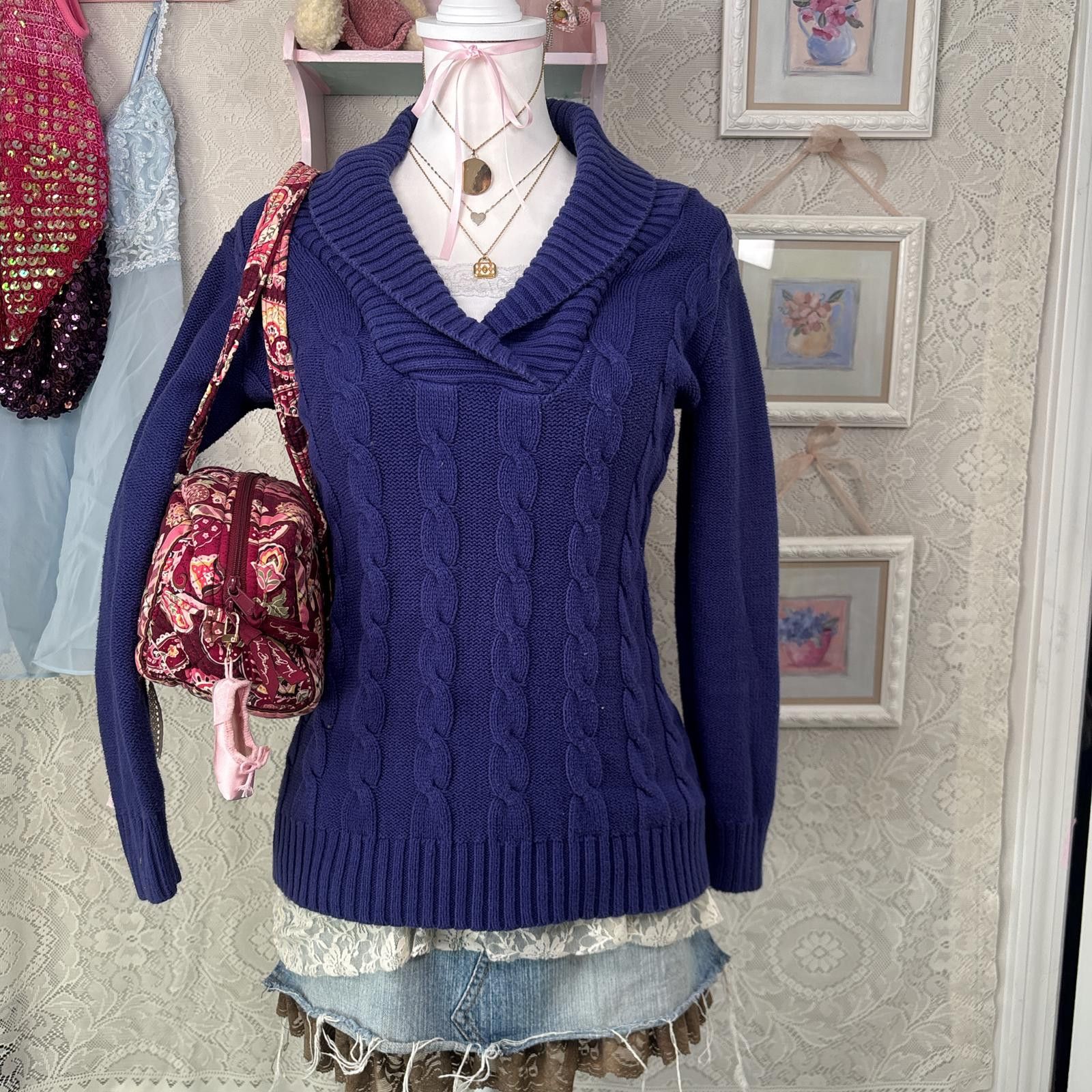 Style & Co vintage purple cable knit sweater with built in layered lace Size S / US 4 / IT 40 - 2 Thumbnail